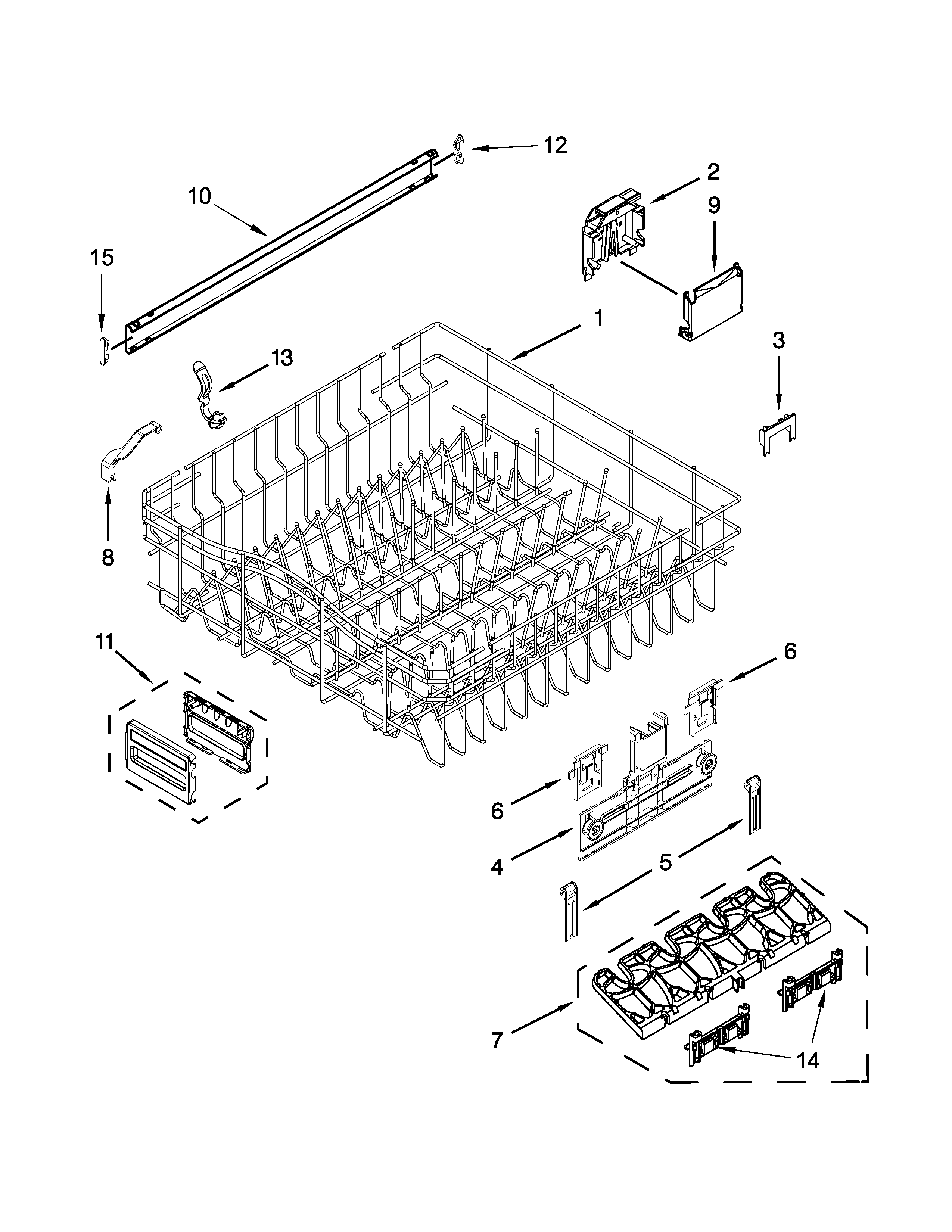 KitchenAid KUDE20FBWH1 upper rack and track parts diagram