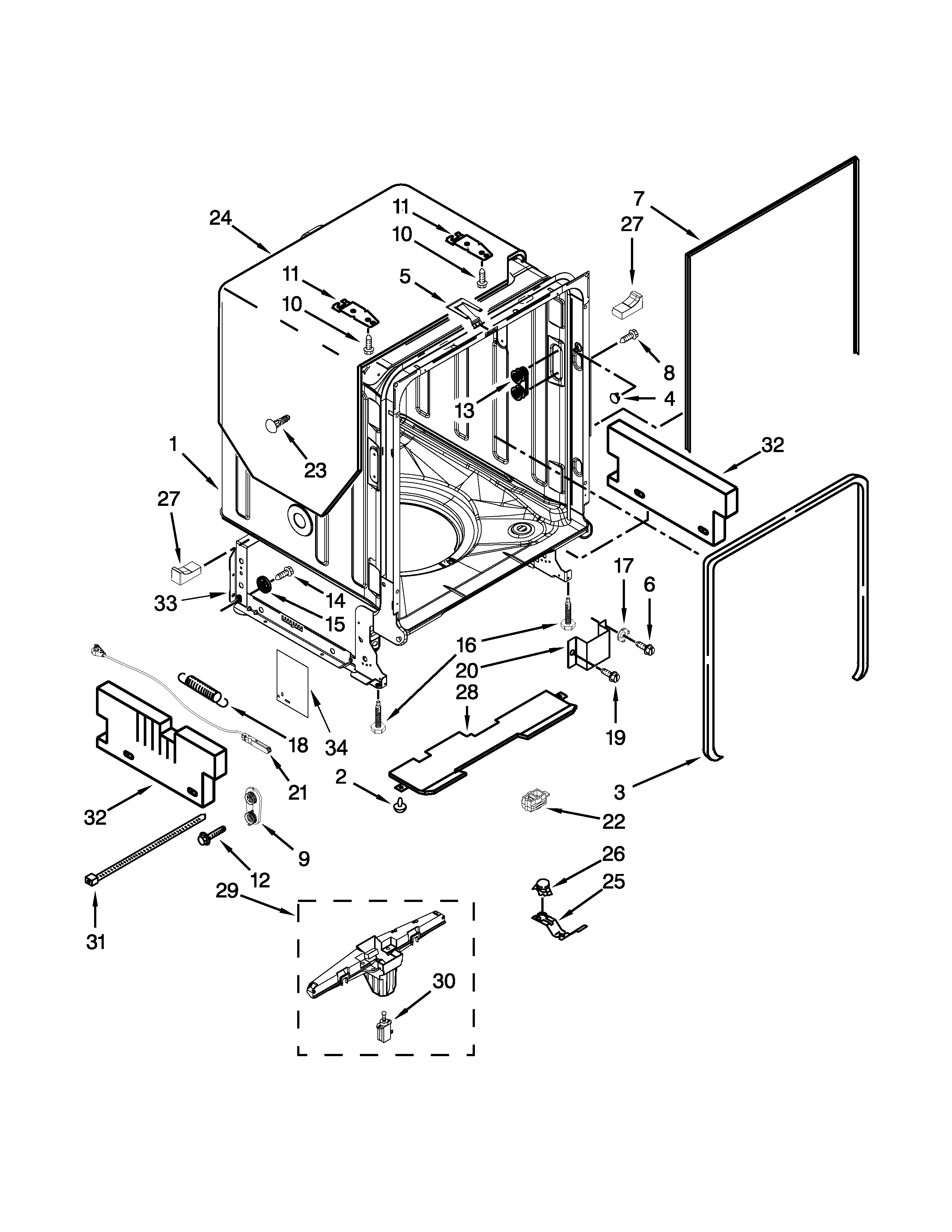 KitchenAid KUDS30FXPAA tub and frame parts diagram
