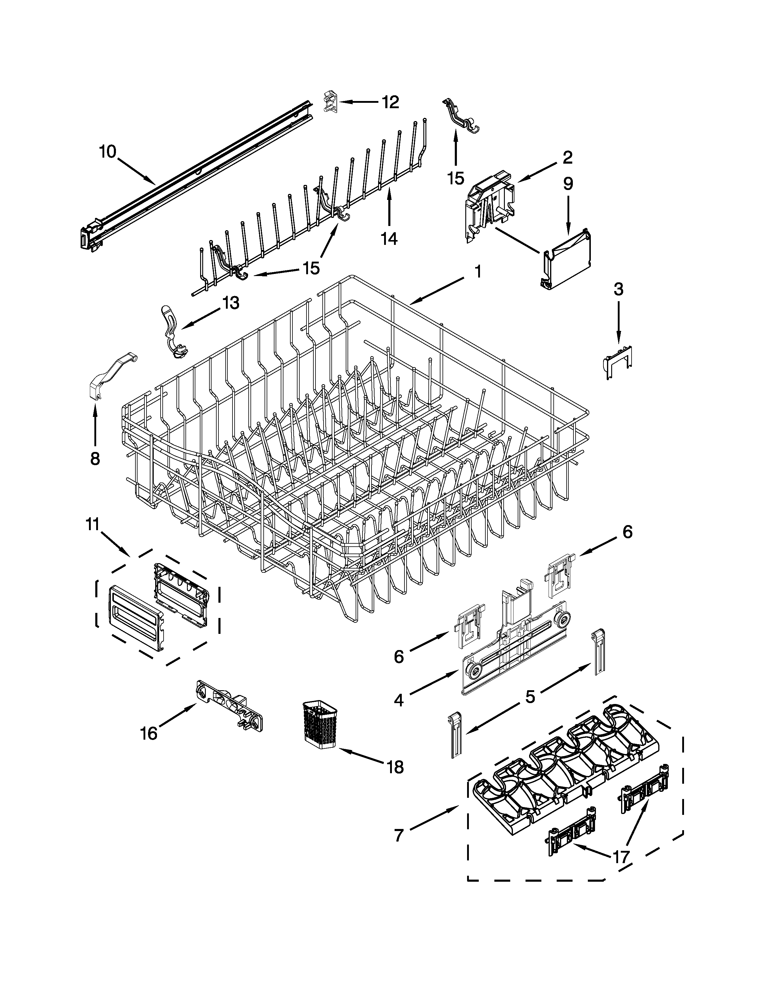 KitchenAid KUDS30FXPAA upper rack and track parts diagram