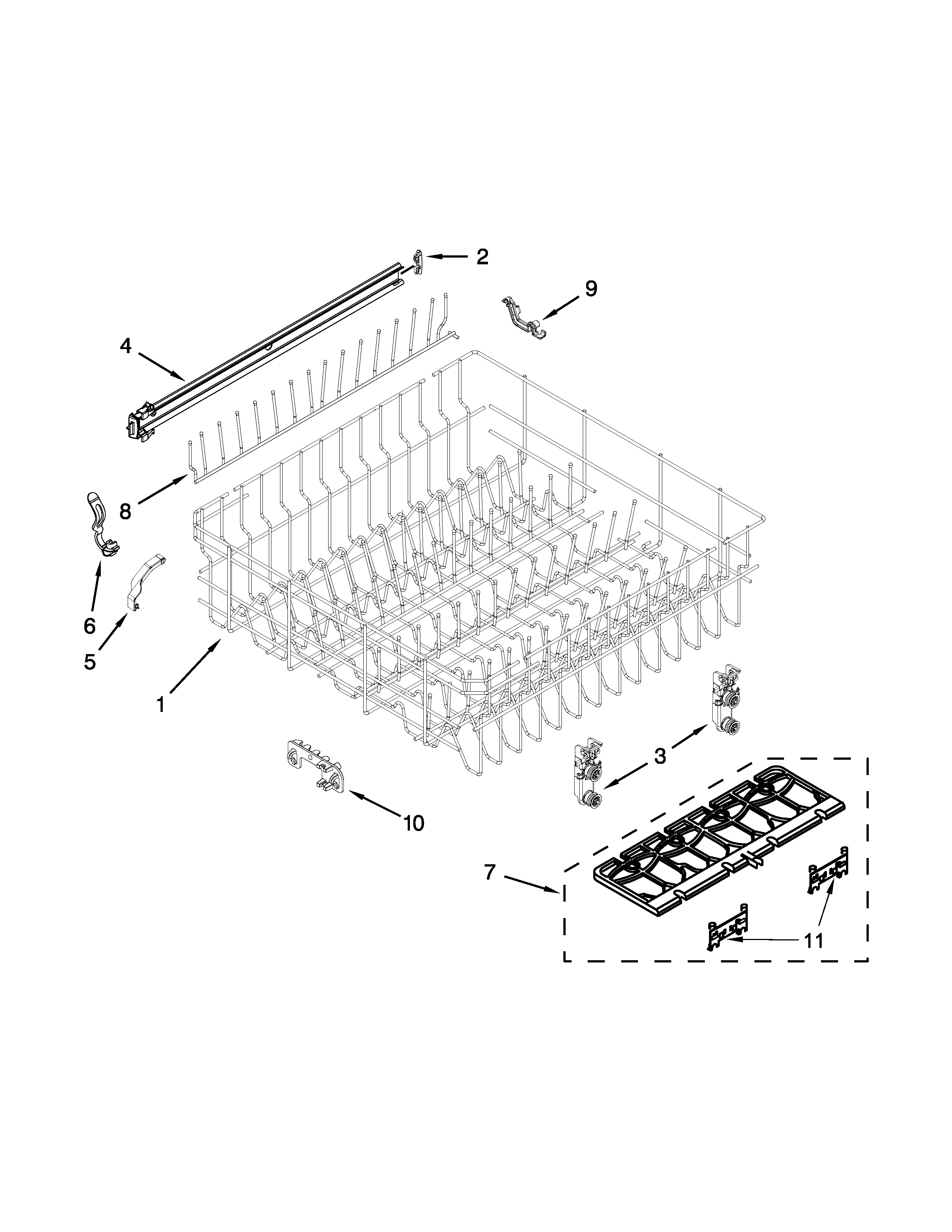 Whirlpool WDF780SLYM3 upper rack and track parts diagram