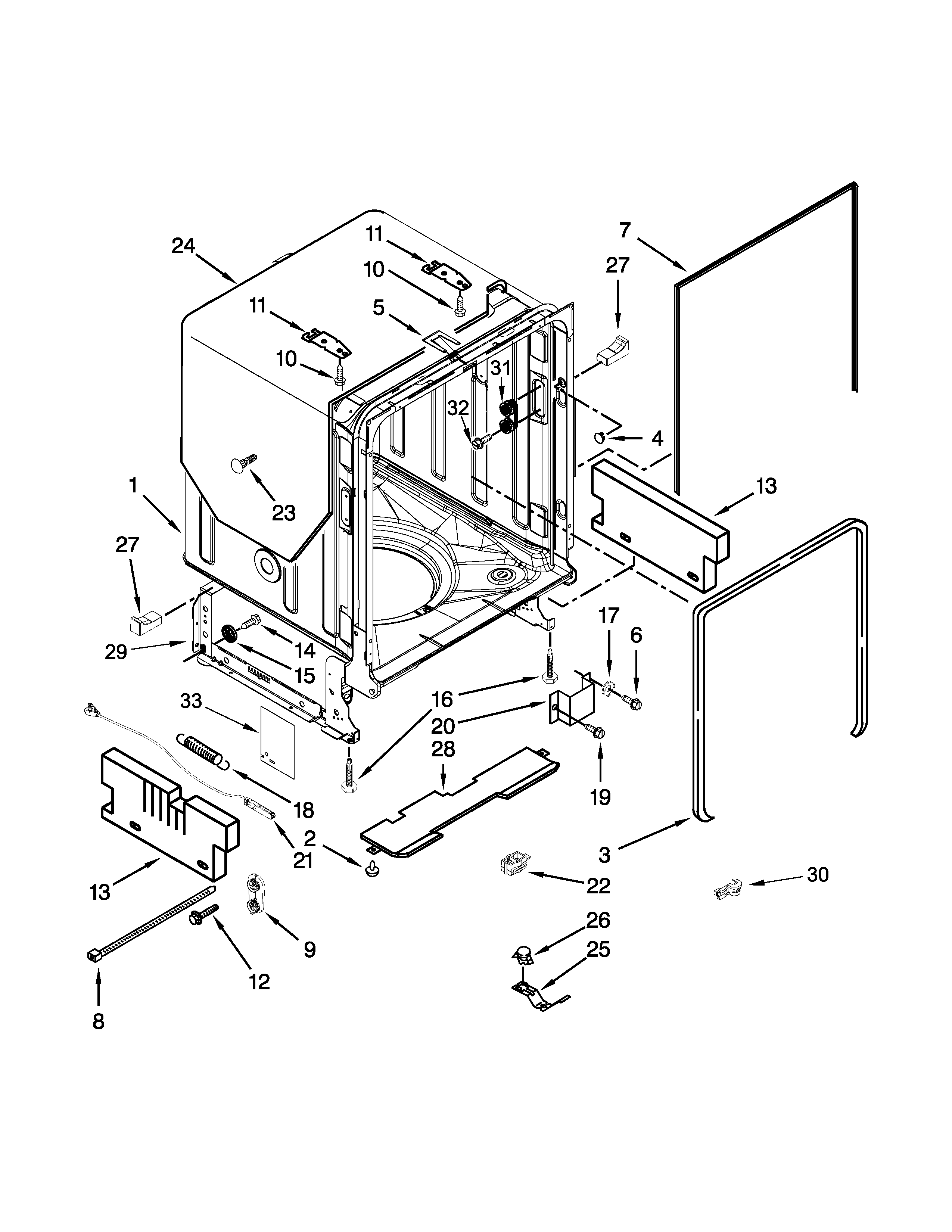 KitchenAid KDFE454CSS1 tub and frame parts diagram