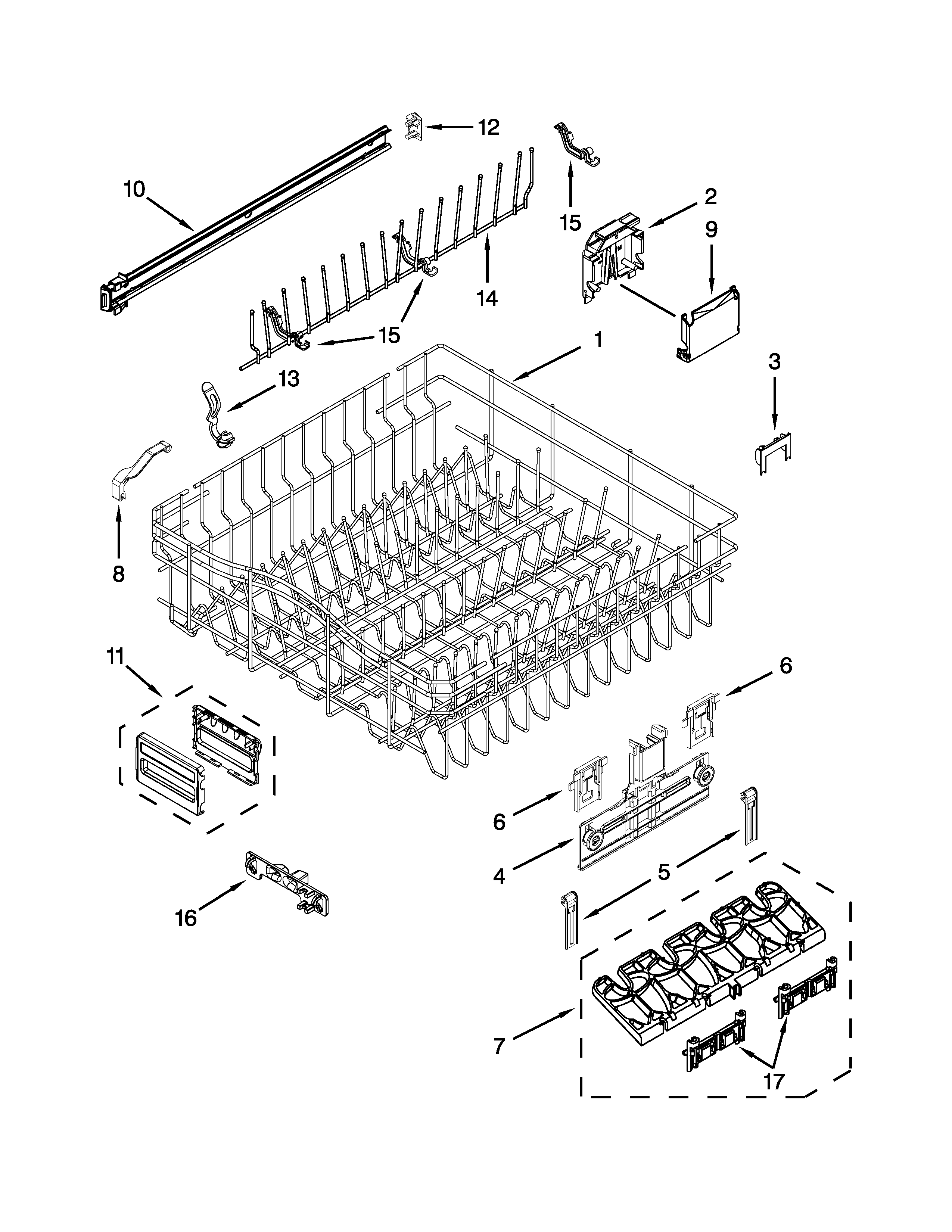 KitchenAid KDFE454CSS1 upper rack and track parts diagram
