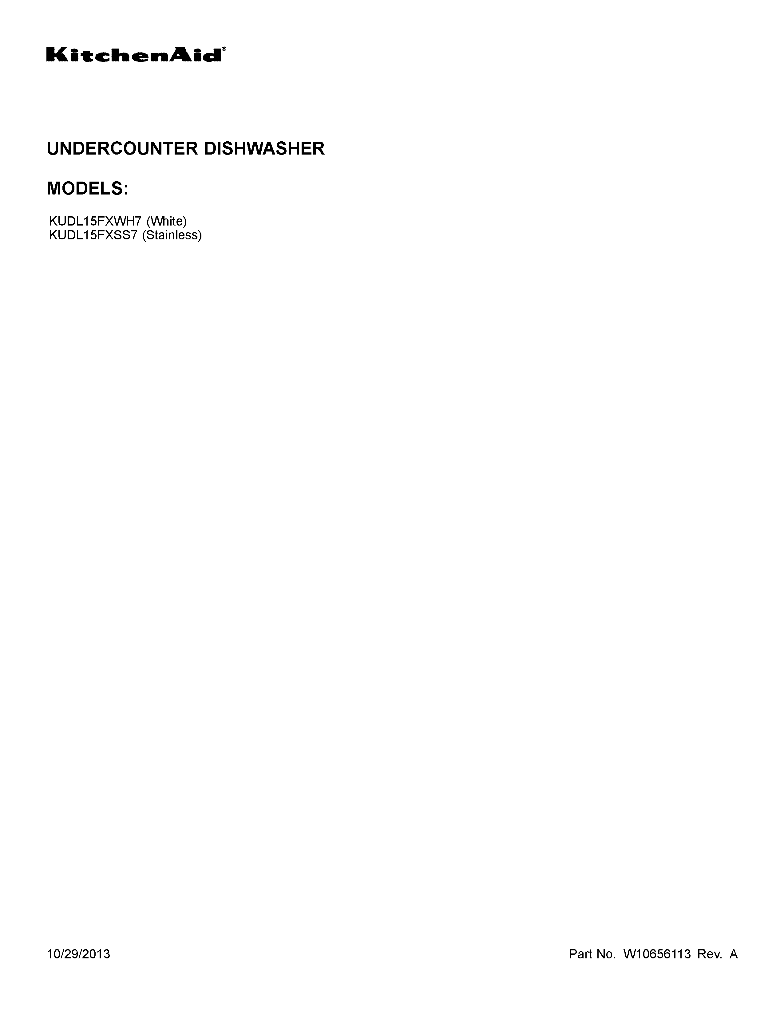 KitchenAid KUDL15FXWH7 cover sheet diagram