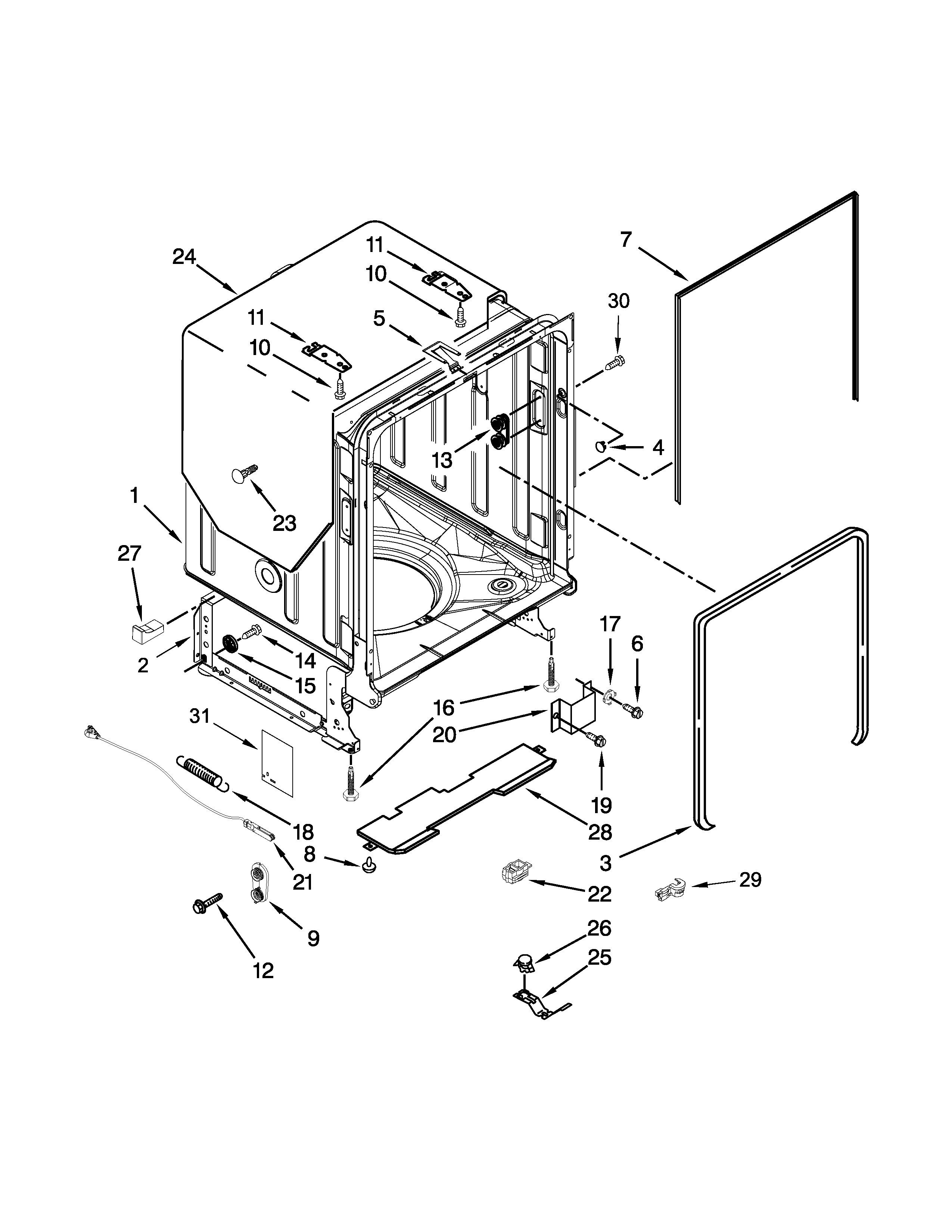 KitchenAid KUDL15FXWH7 tub and frame parts diagram
