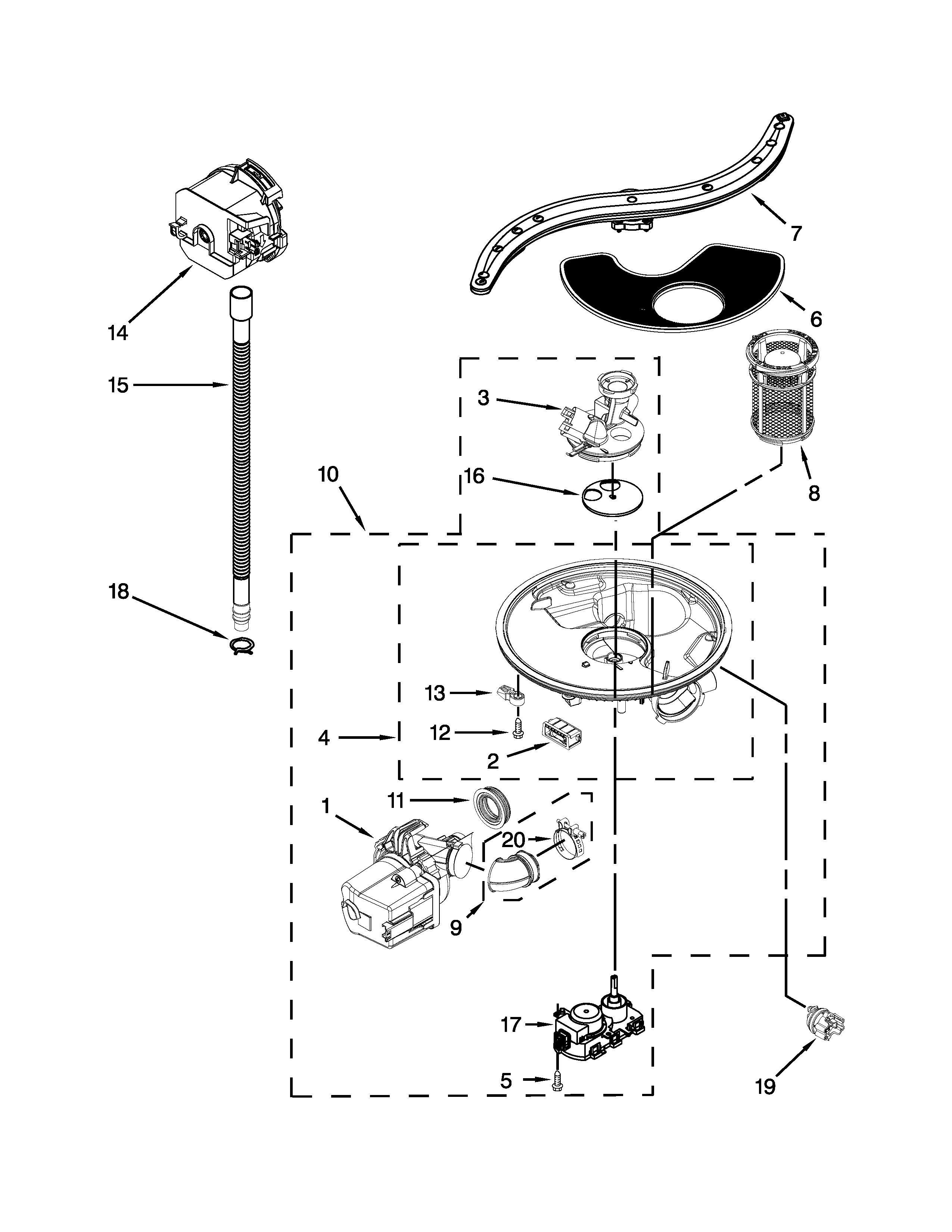 KitchenAid KUDL15FXWH7 pump, washarm and motor parts diagram