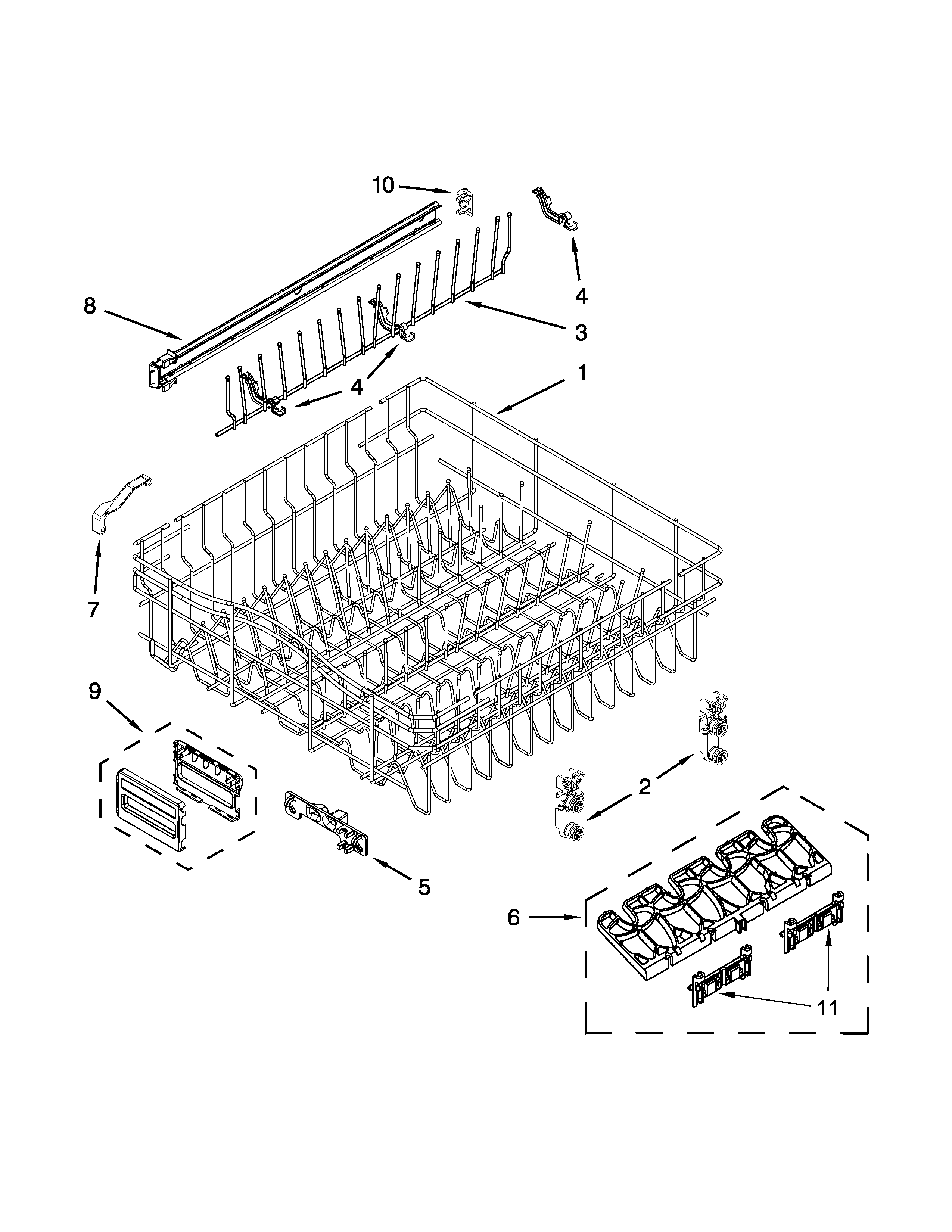KitchenAid KUDL15FXWH7 upper rack and track parts diagram