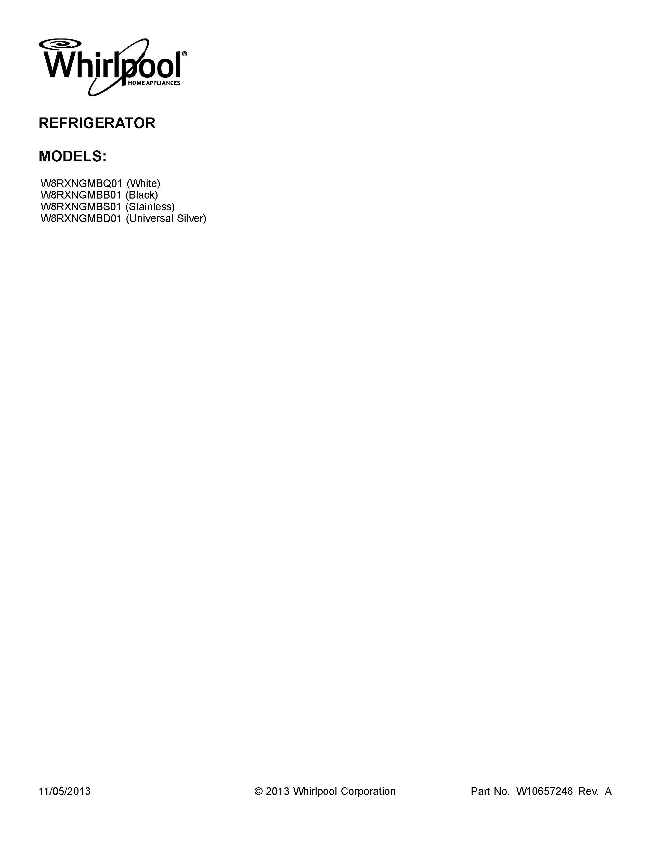 Whirlpool W8RXNGMBD01 cover sheet diagram