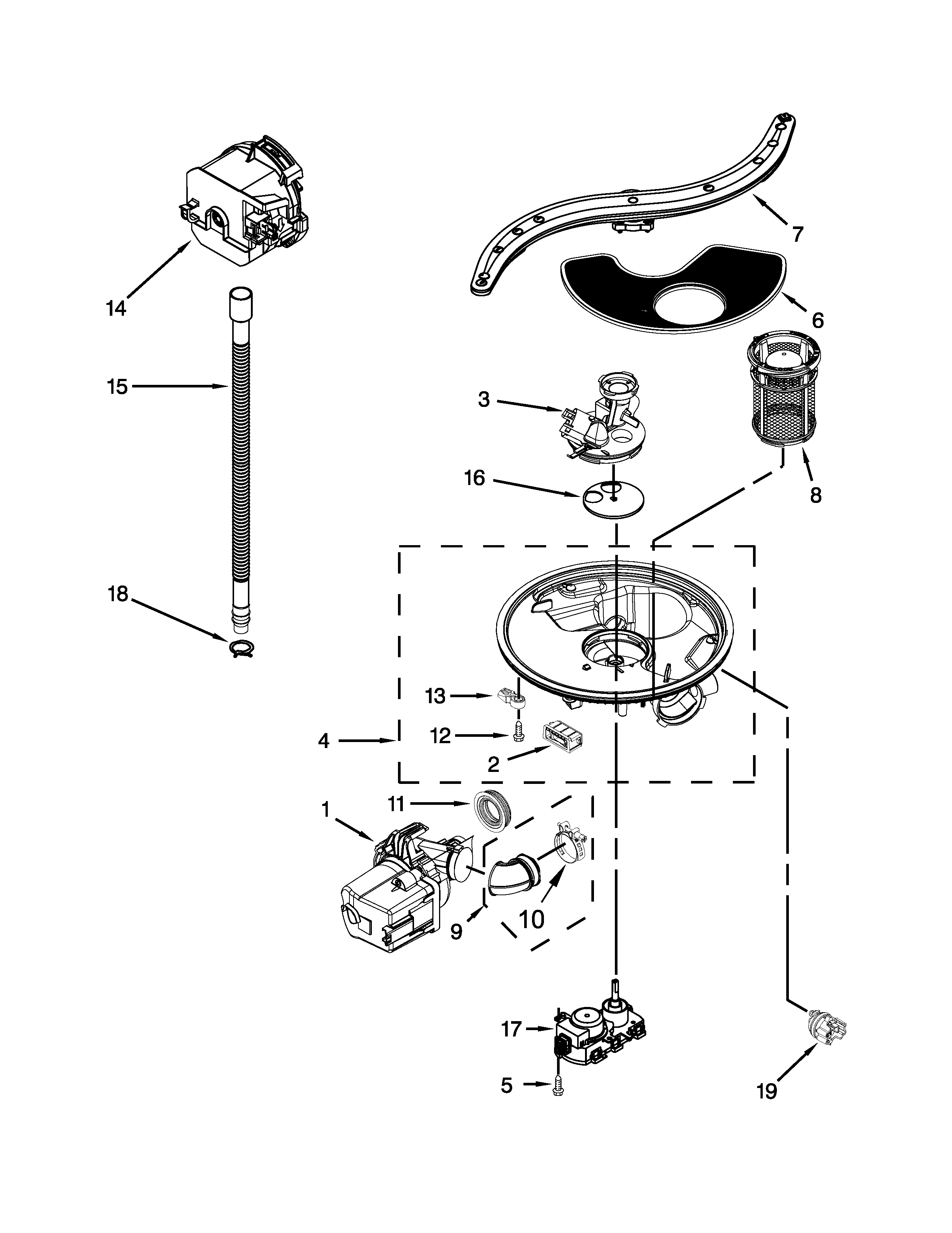 Whirlpool BLB14DRANA2 pump, washarm and motor parts diagram