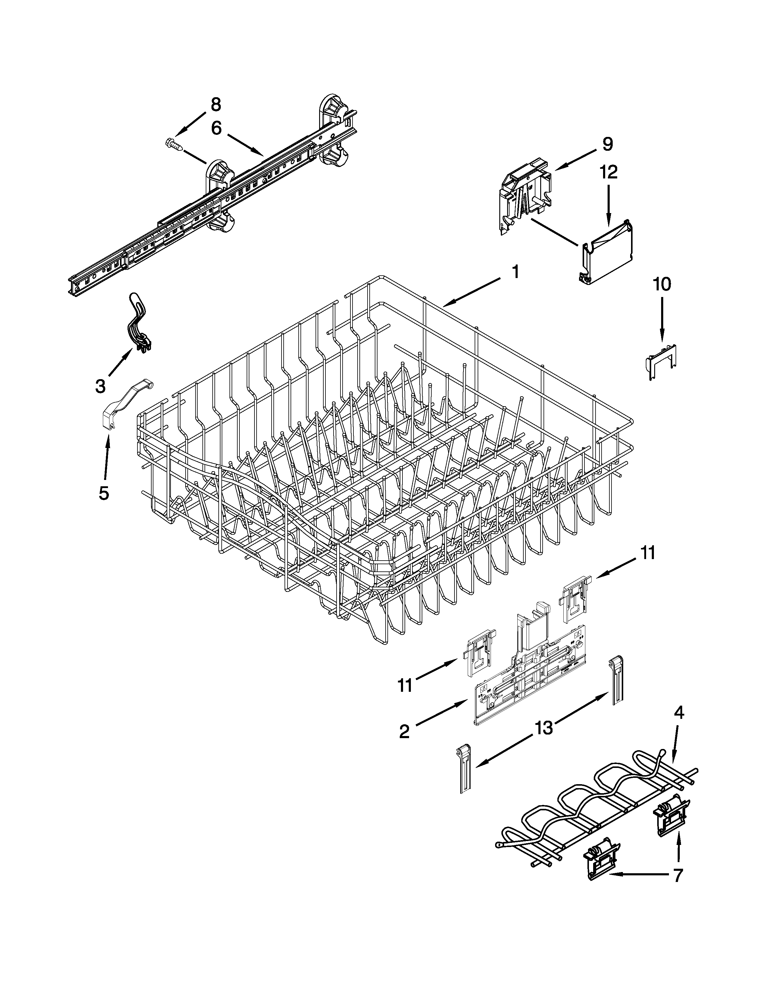 Whirlpool BLB14DRANA2 upper rack and track parts diagram