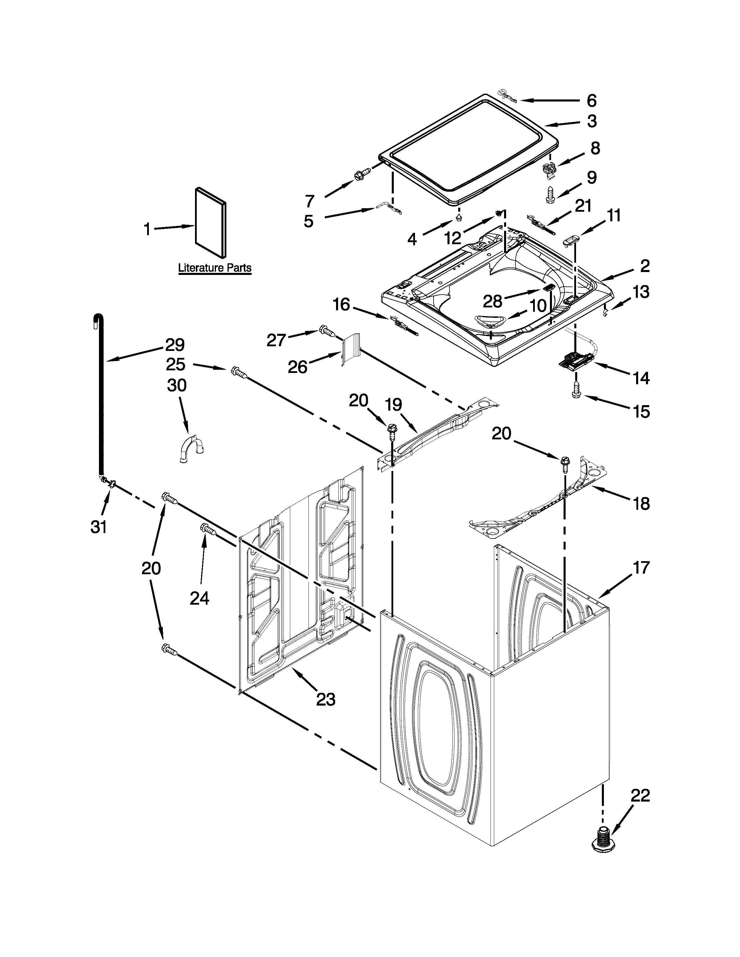 Maytag 4KMVWX505BW0 top and cabinet parts diagram