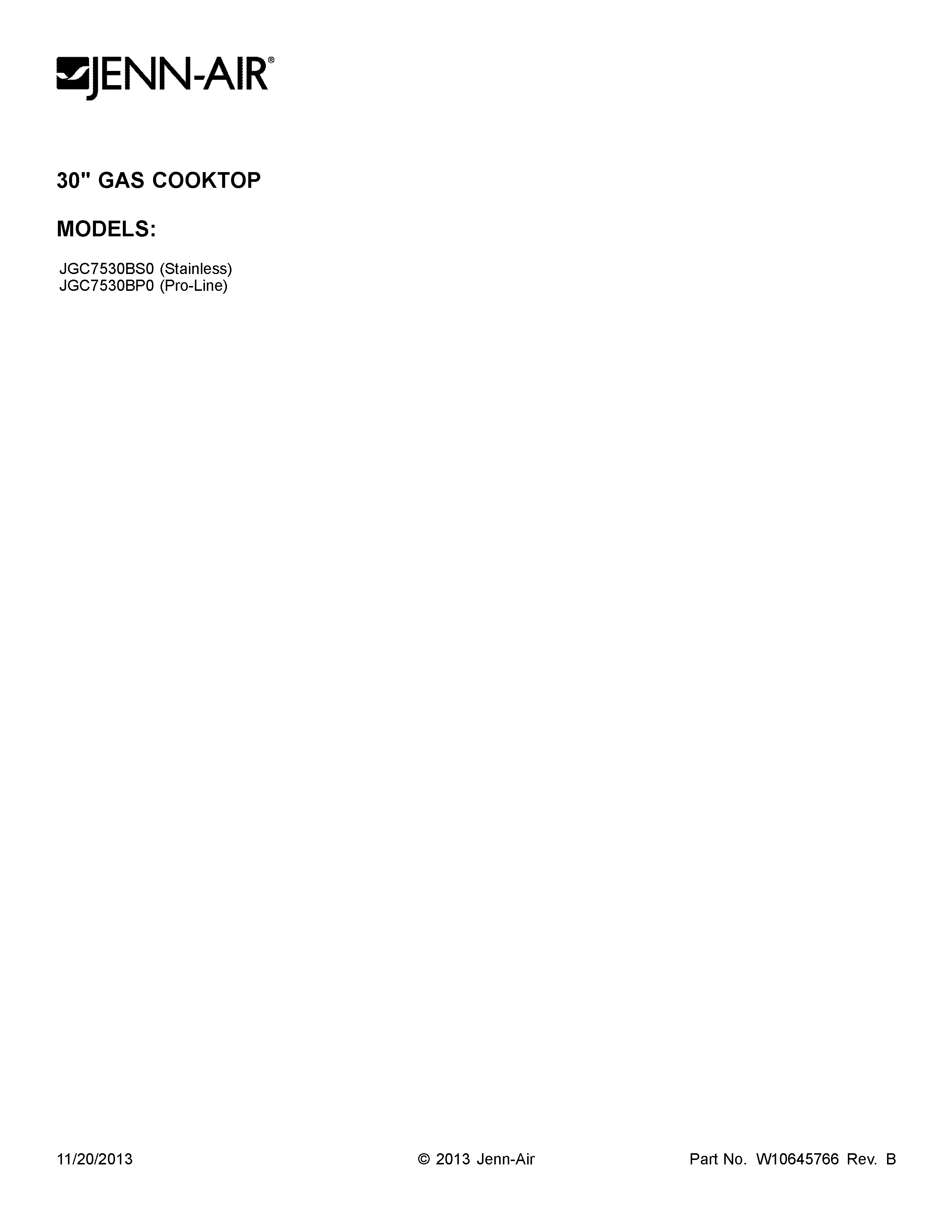 Jenn-Air JGC7530BS0 cover sheet diagram