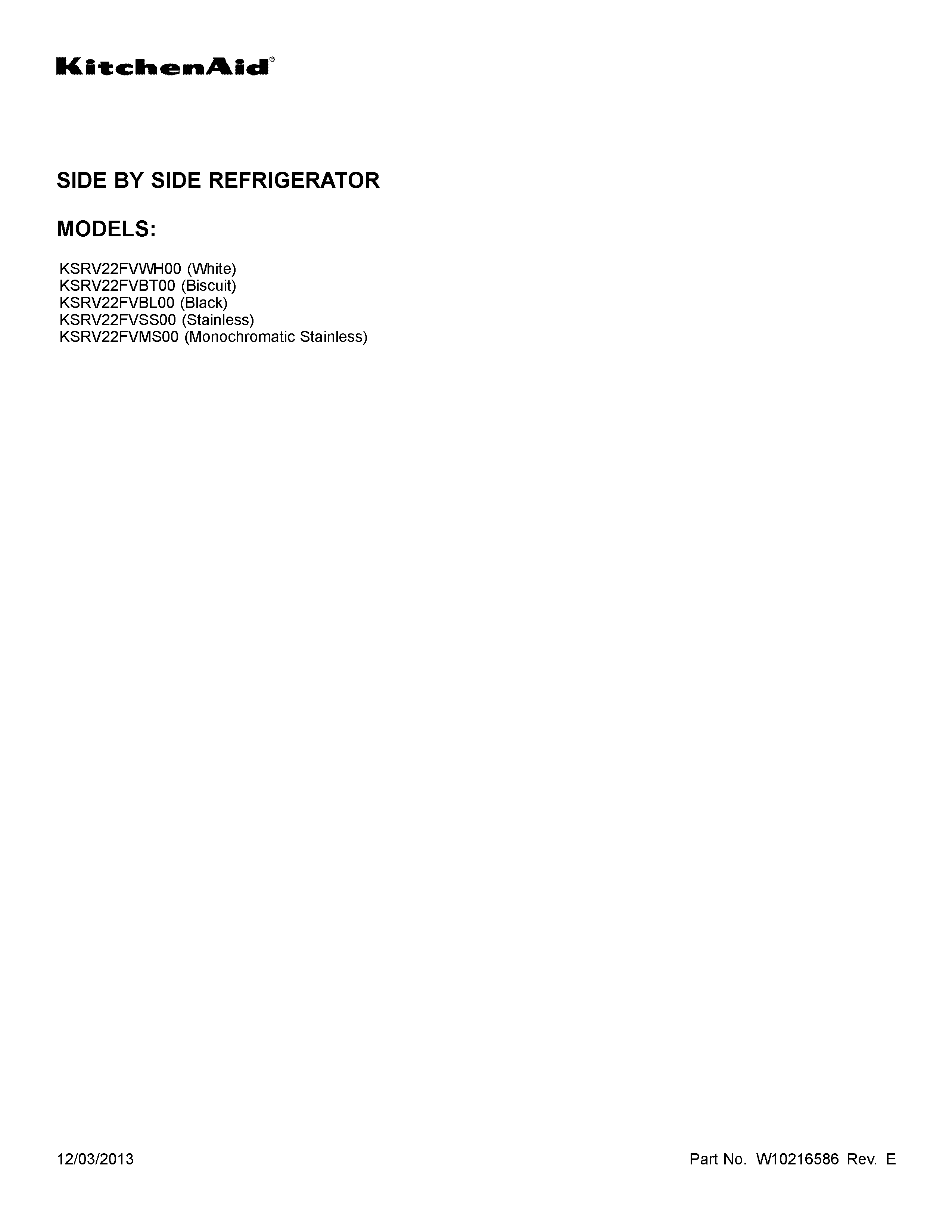 KitchenAid KSRV22FVSS00 cover sheet diagram
