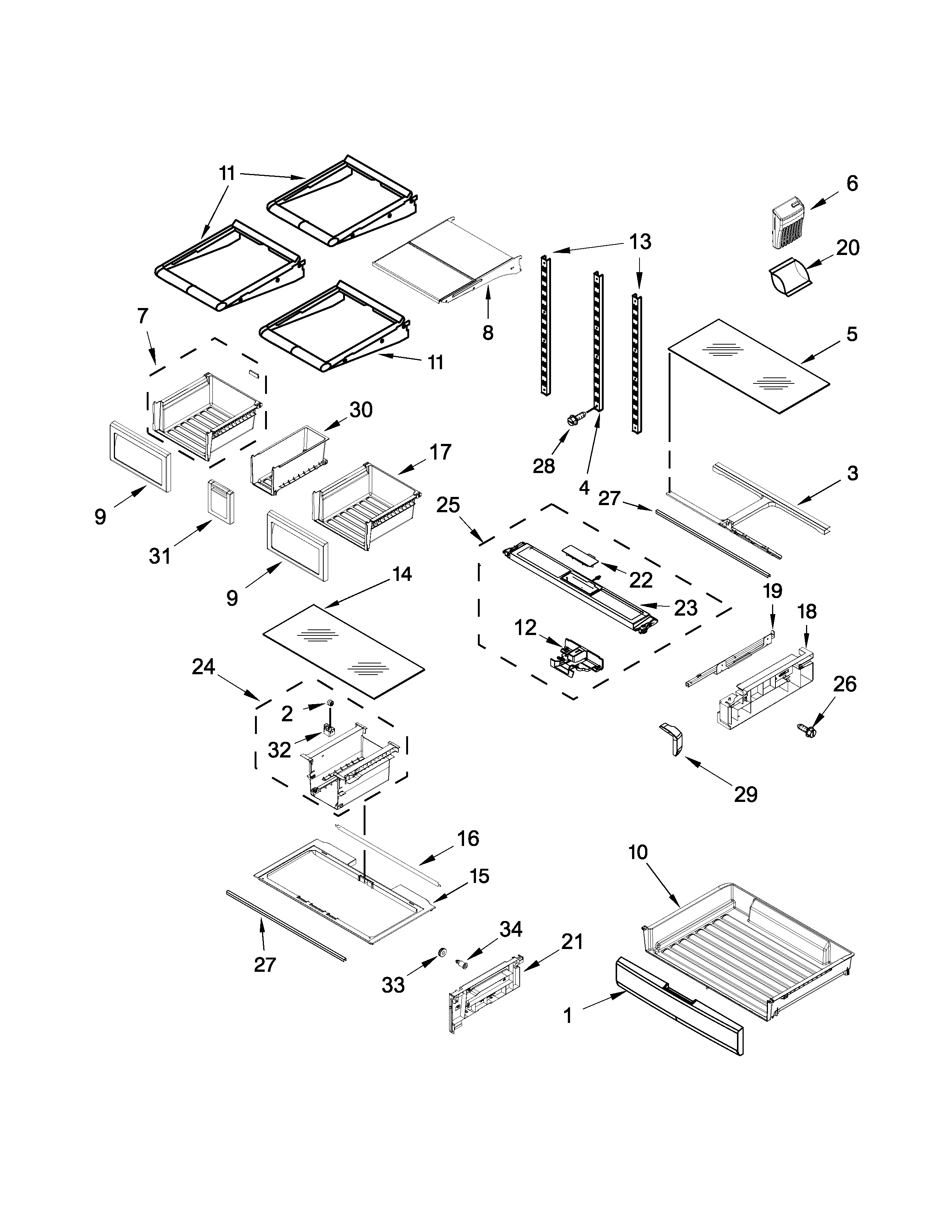 Whirlpool 7WF736SDAM11 shelf parts diagram