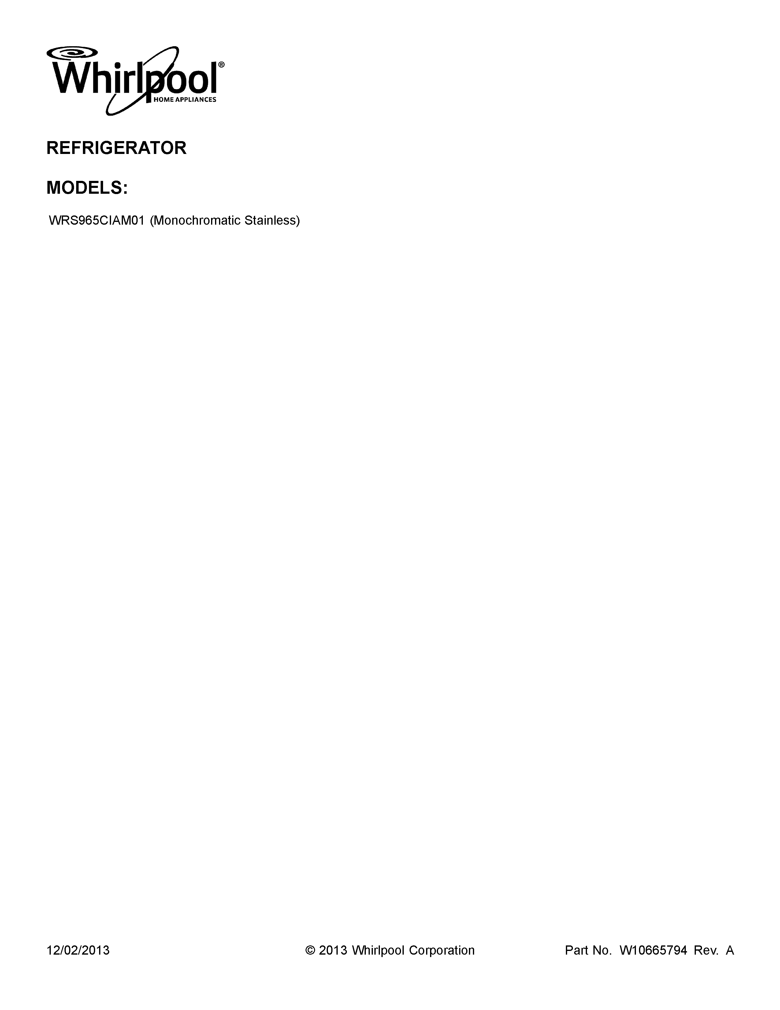 Whirlpool WRS965CIAM01 cover sheet diagram