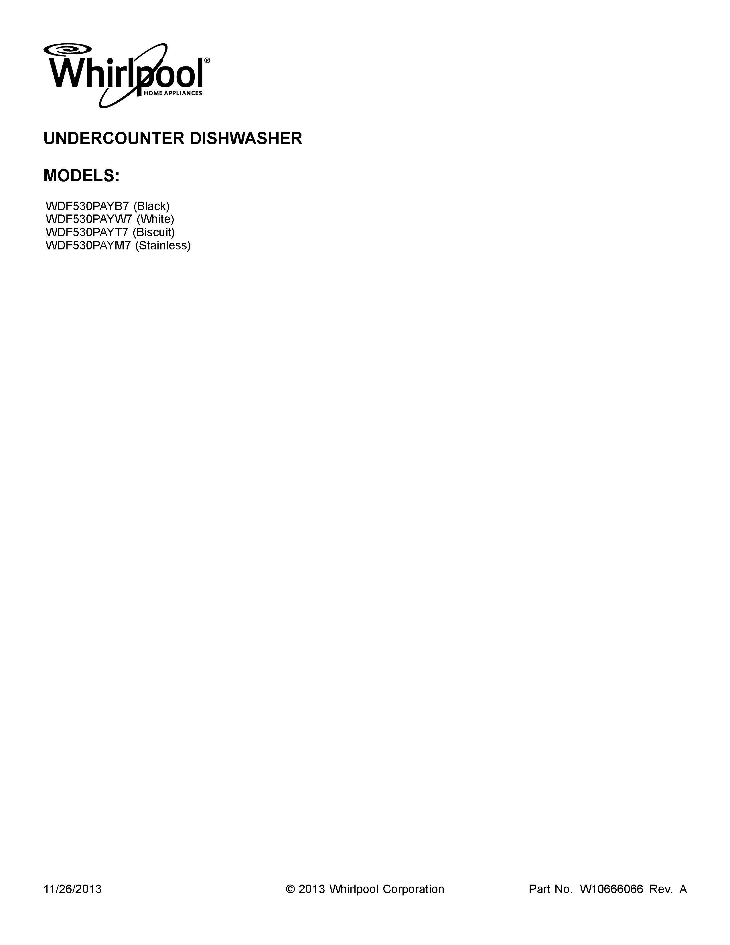 Whirlpool WDF530PAYW7 cover sheet diagram