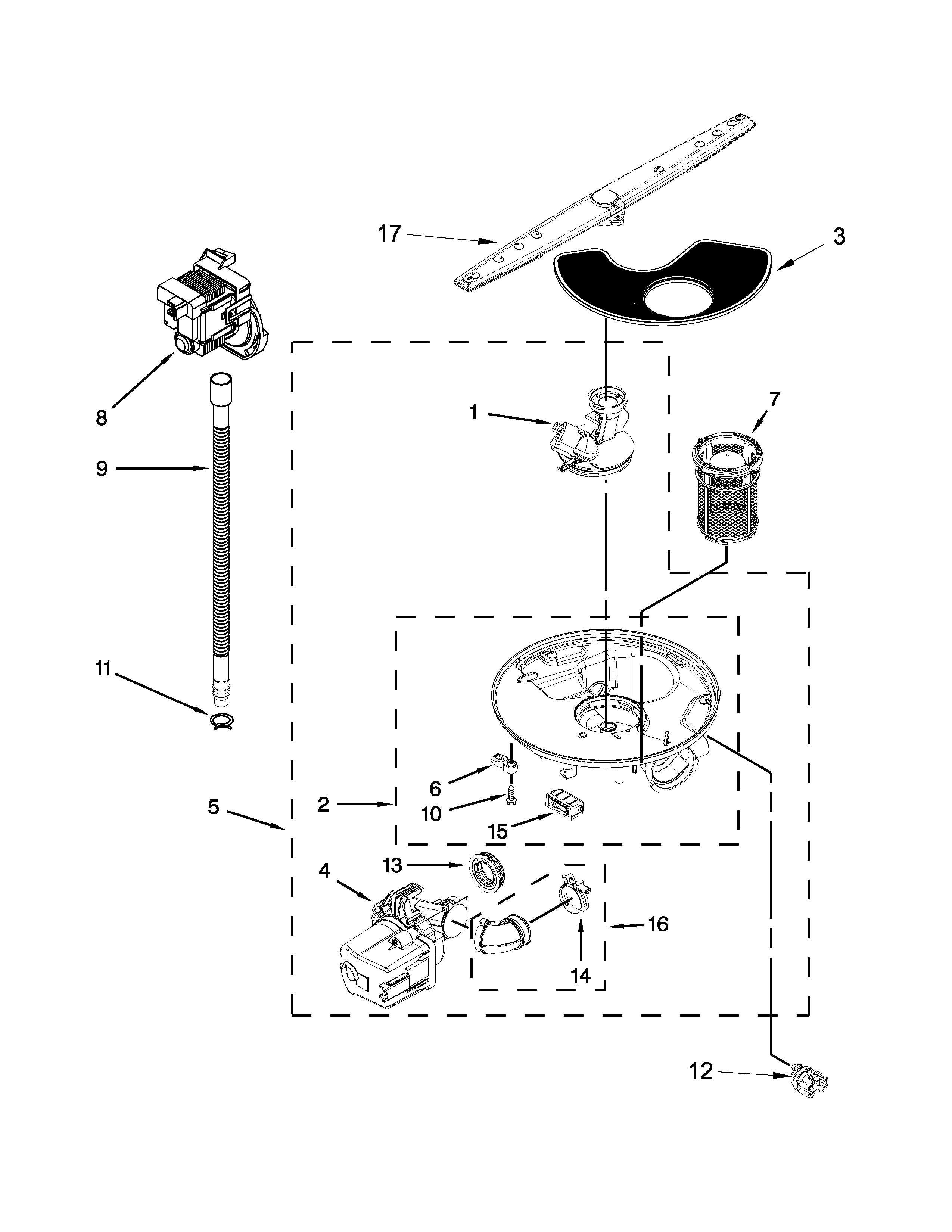 Whirlpool WDF530PAYW7 pump, washarm and motor parts diagram
