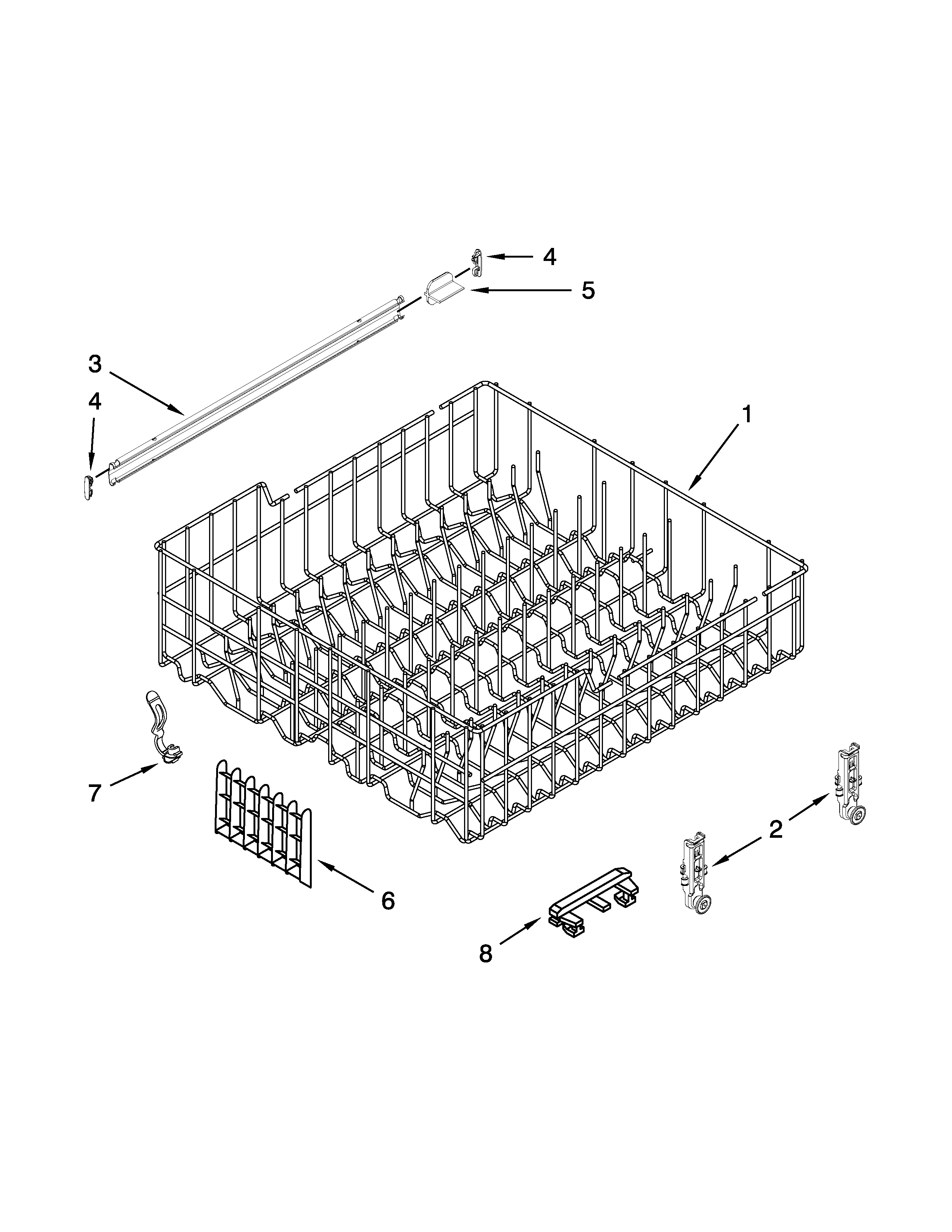 Whirlpool WDF530PAYW7 upper rack and track parts diagram