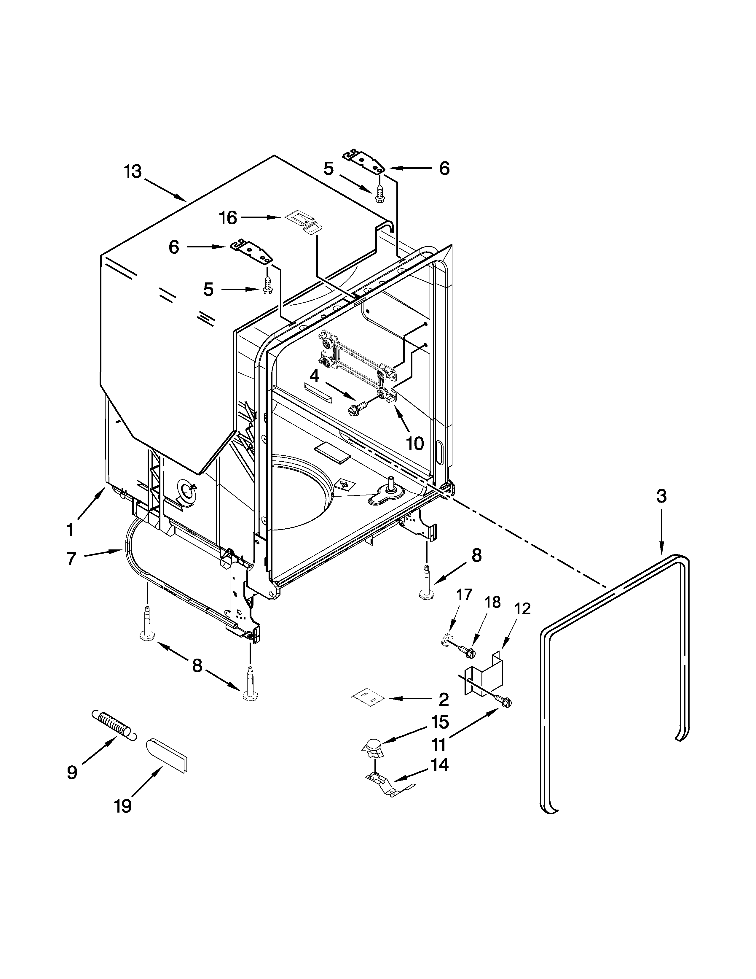 Whirlpool WDF730PAYB7 tub and frame parts diagram