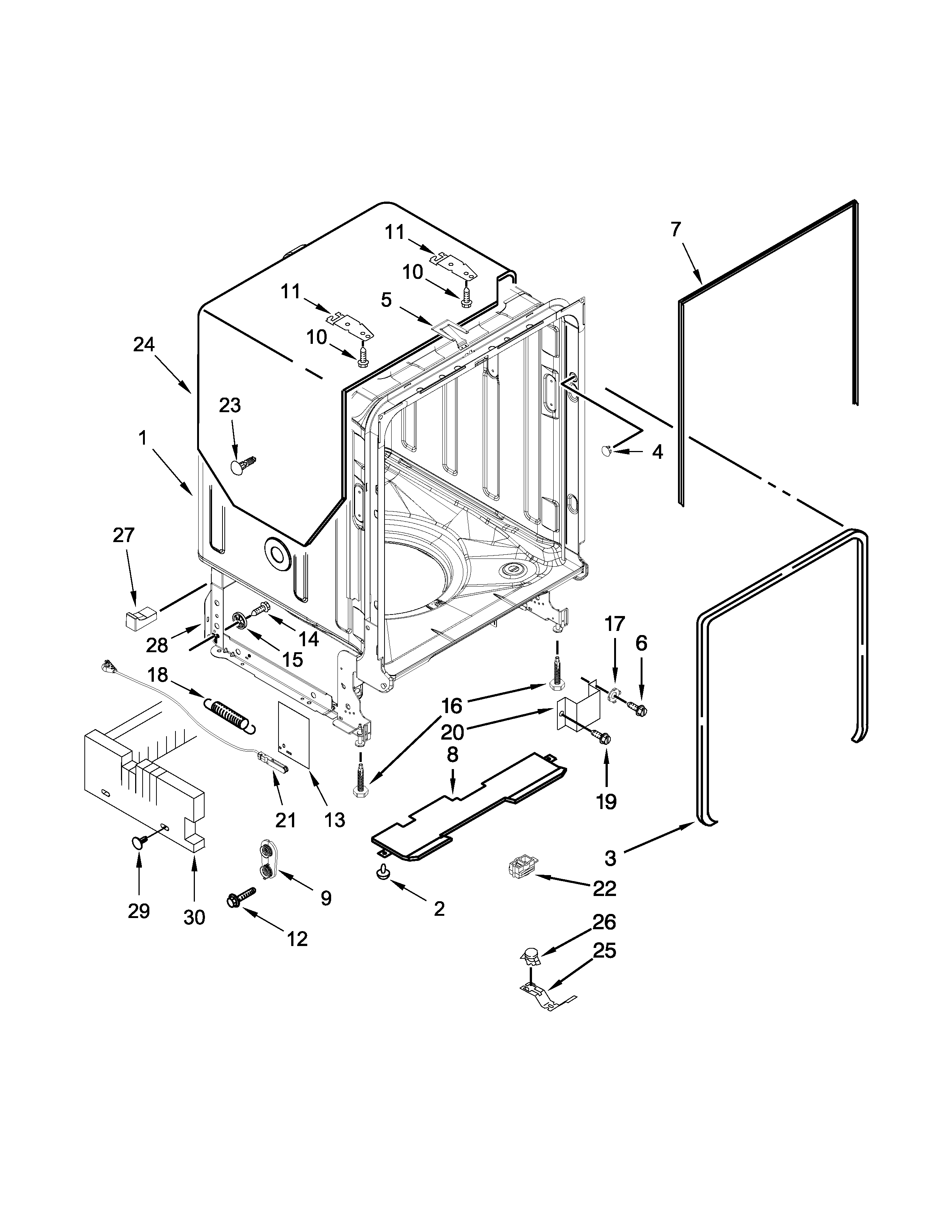 KitchenAid KDFE104DBL0 tub and frame parts diagram