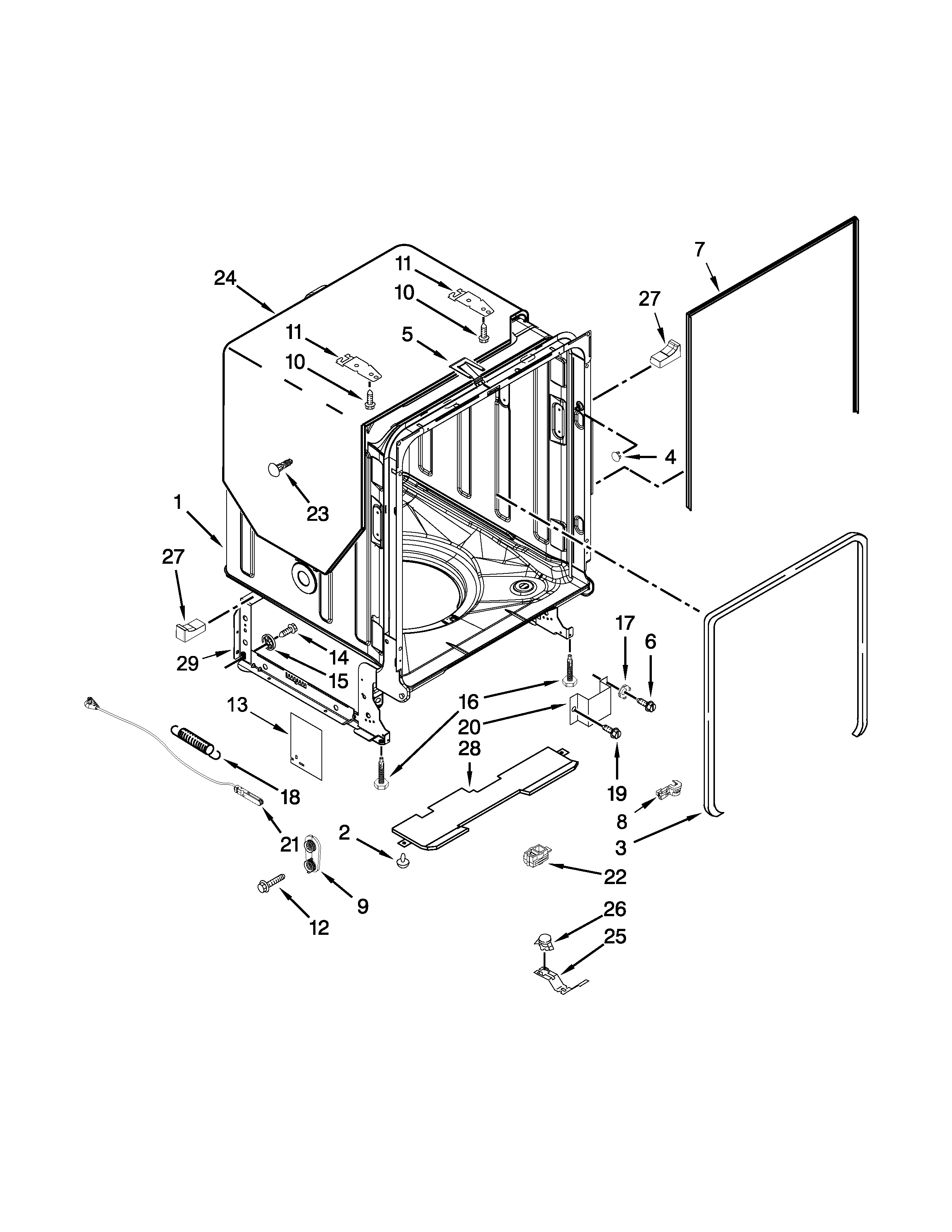 KitchenAid KDFE304DBL0 tub and frame parts diagram
