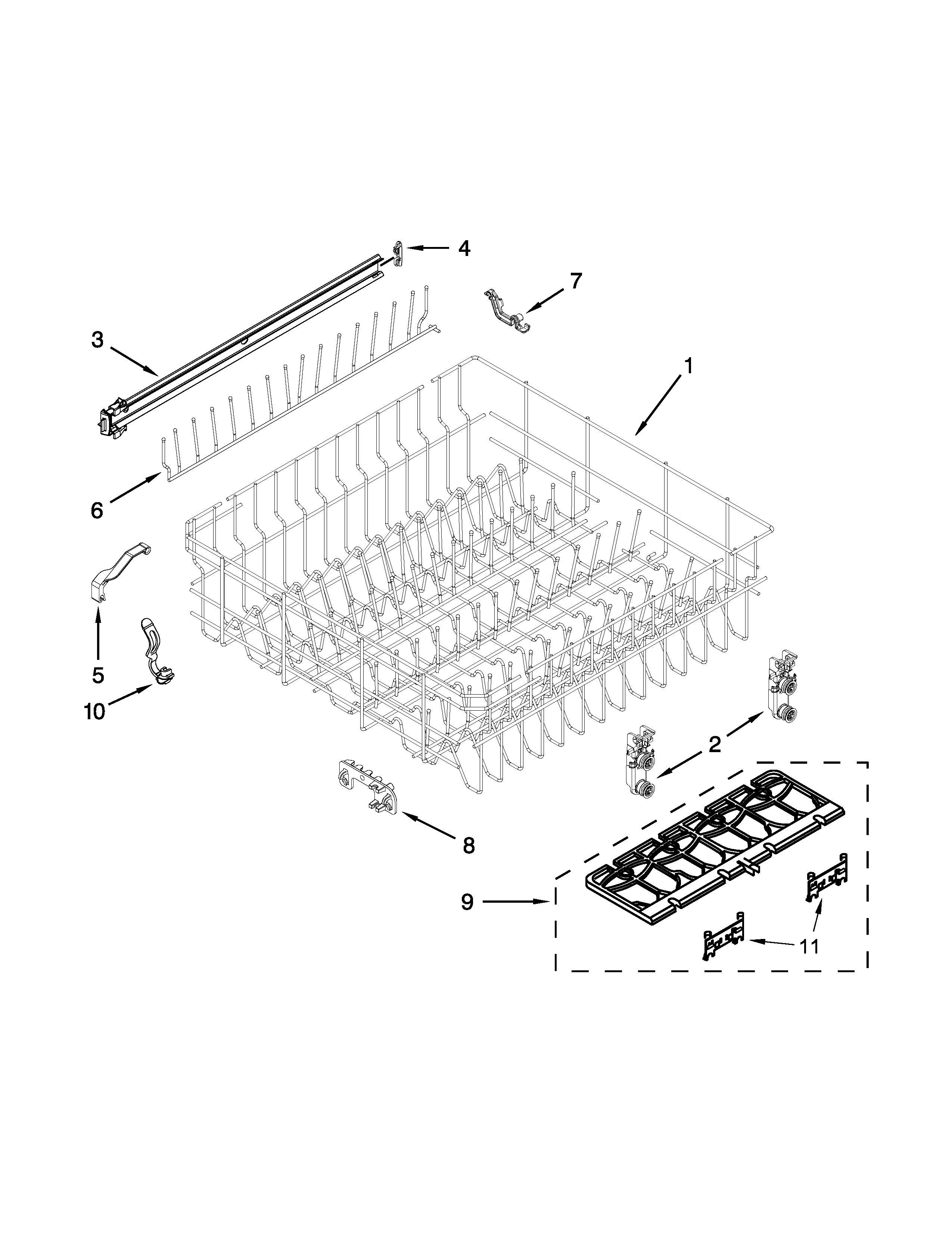 Whirlpool WDT710PAYM6 upper rack and track parts diagram