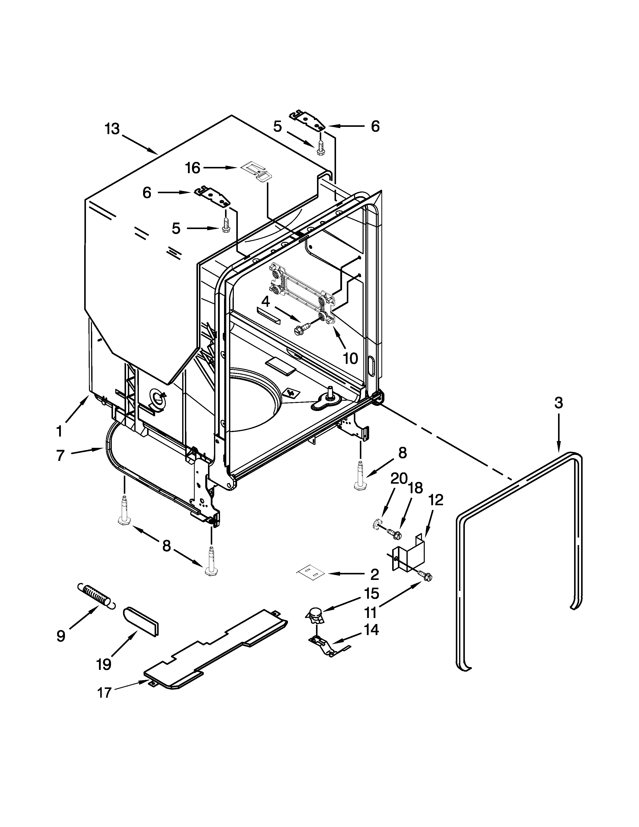 Whirlpool WDF530PLYM7 tub and frame parts diagram