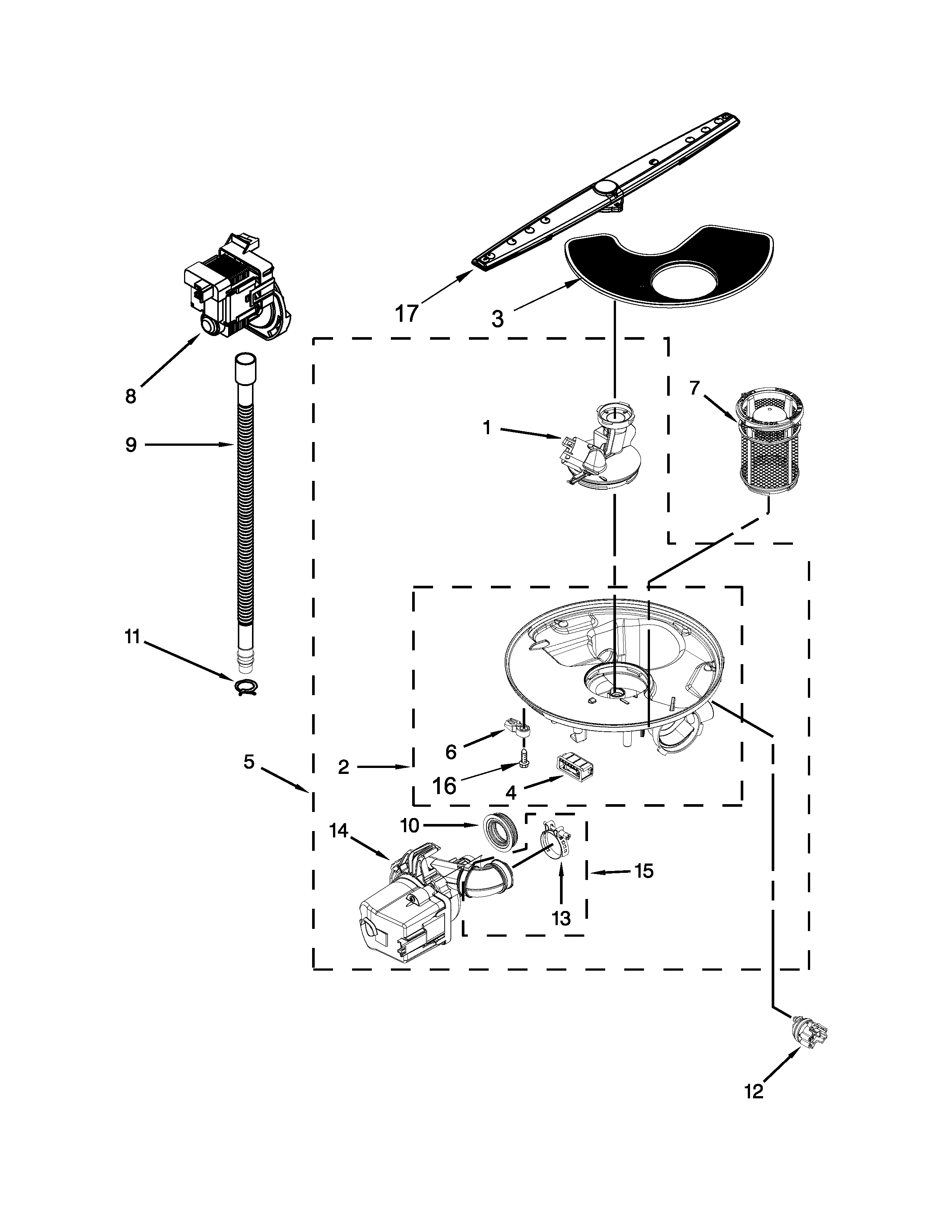 Whirlpool WDF530PLYM7 pump, washarm and motor parts diagram