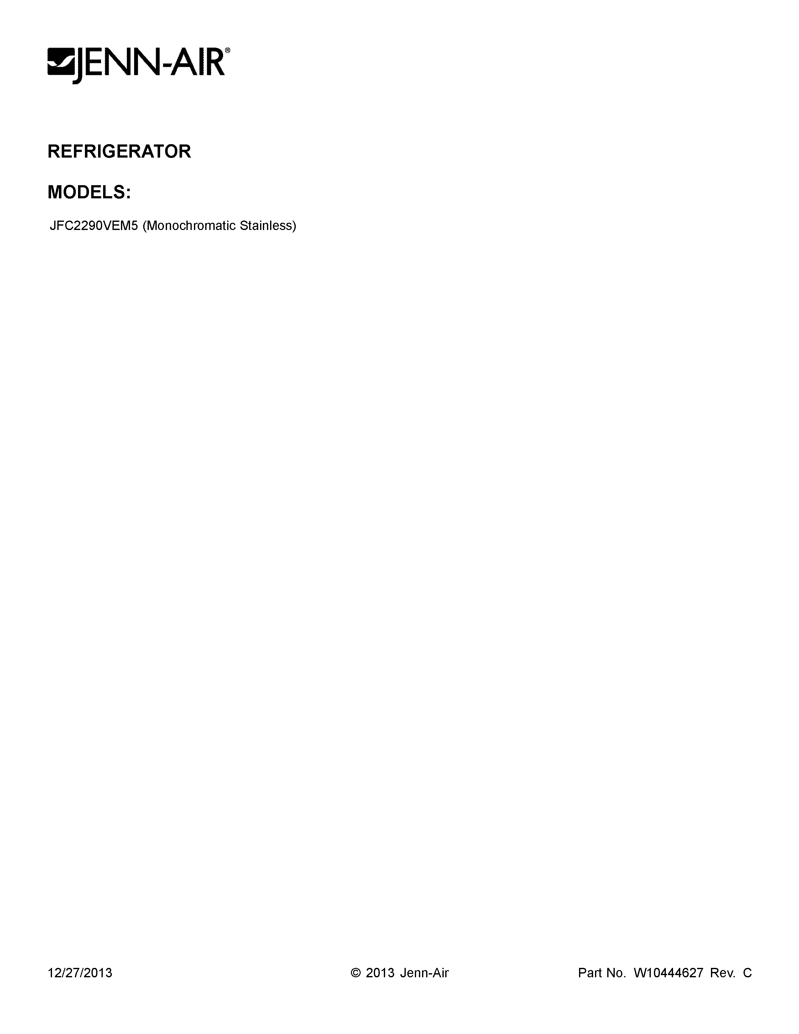 Jenn-Air JFC2290VEM5 cover sheet diagram