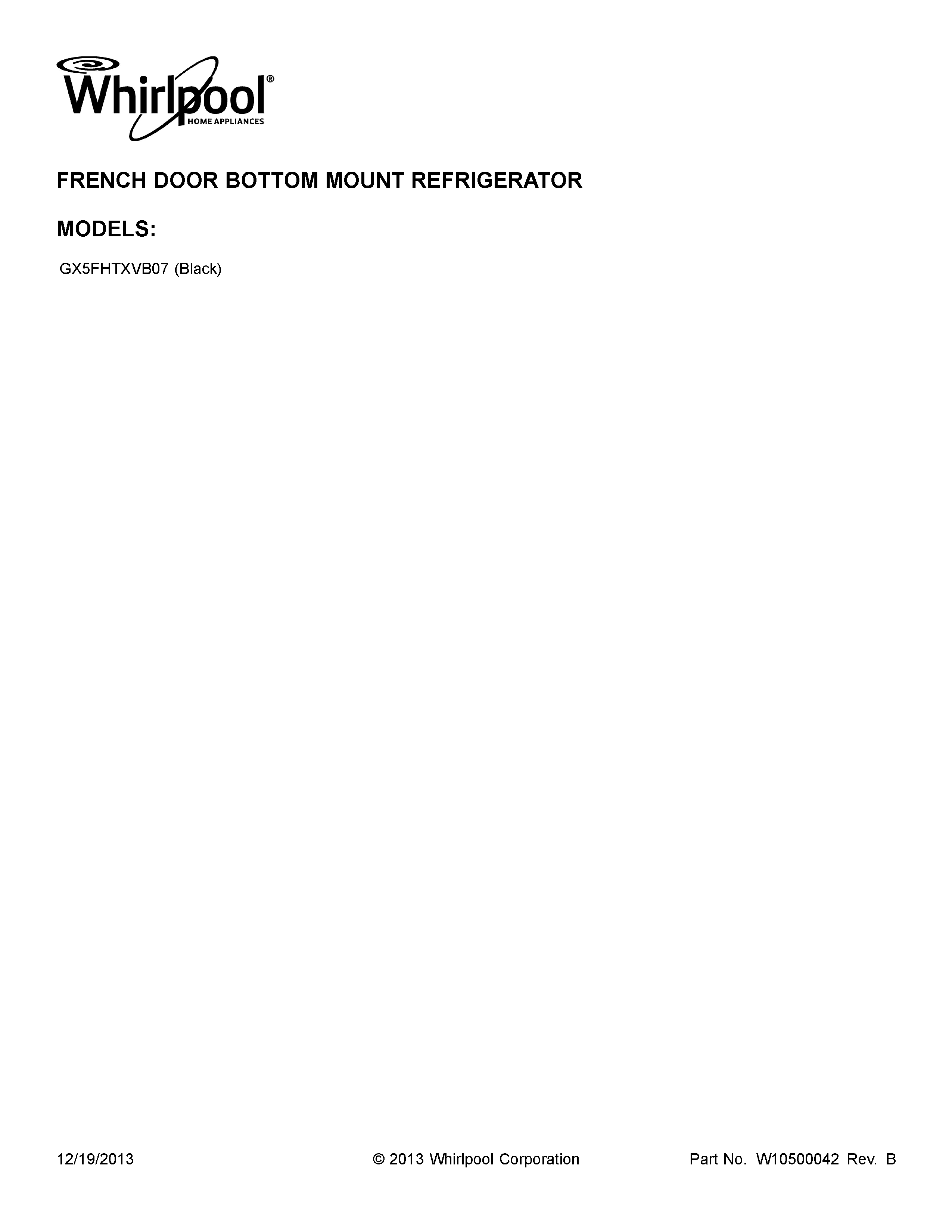 Whirlpool GX5FHTXVB07 cover sheet diagram