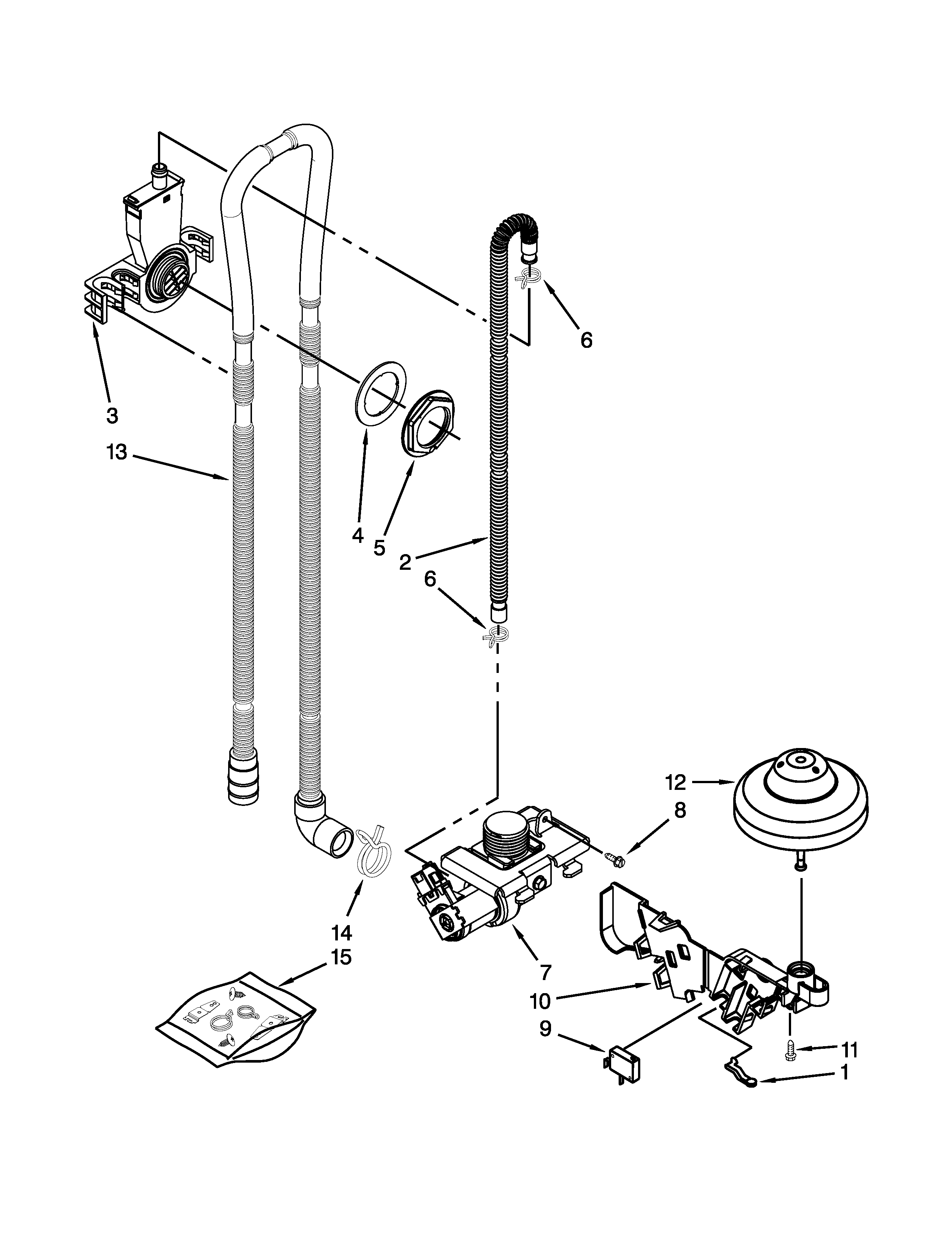 Whirlpool DU1015XTXT2 fill, drain and overfill parts diagram