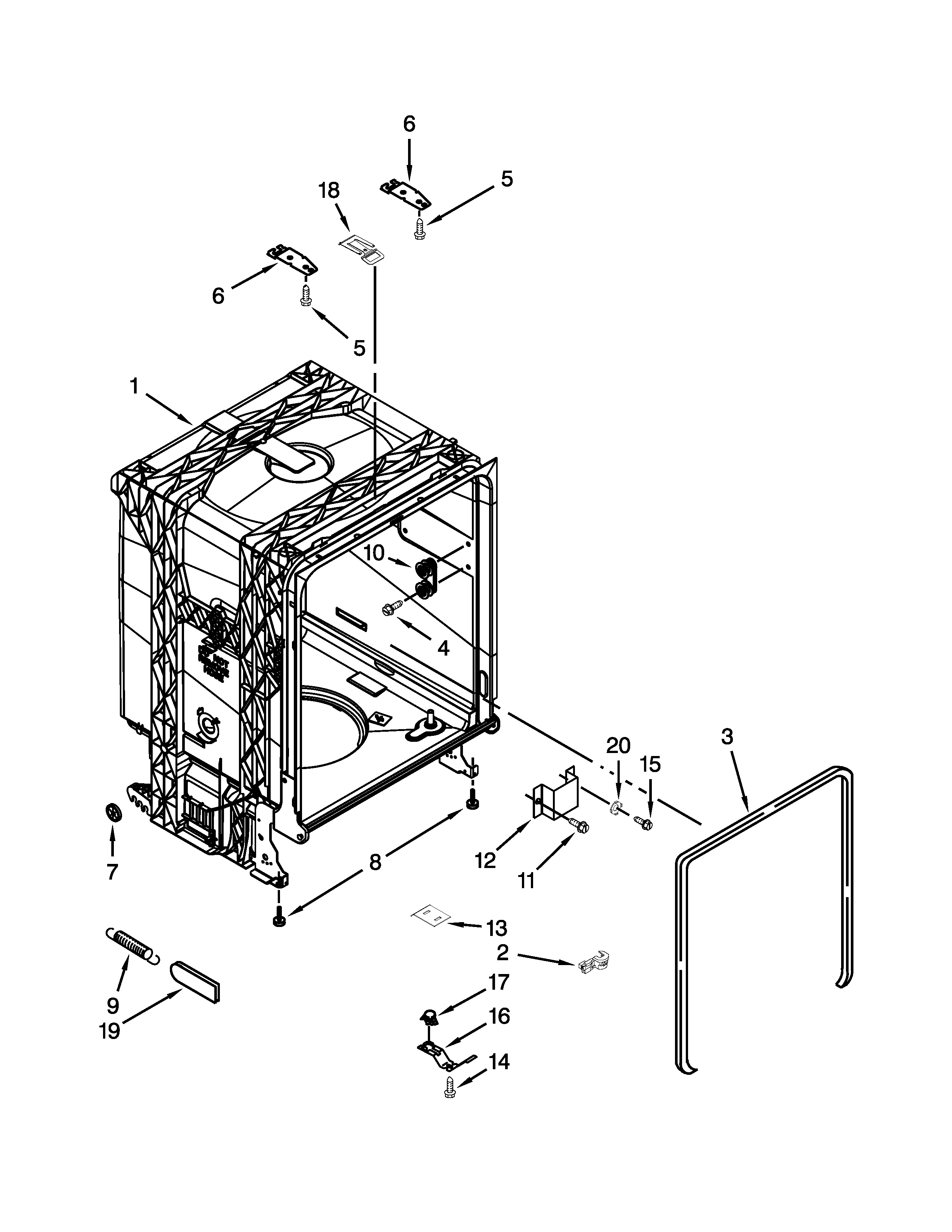 Whirlpool DU1015XTXT3 tub and frame parts diagram