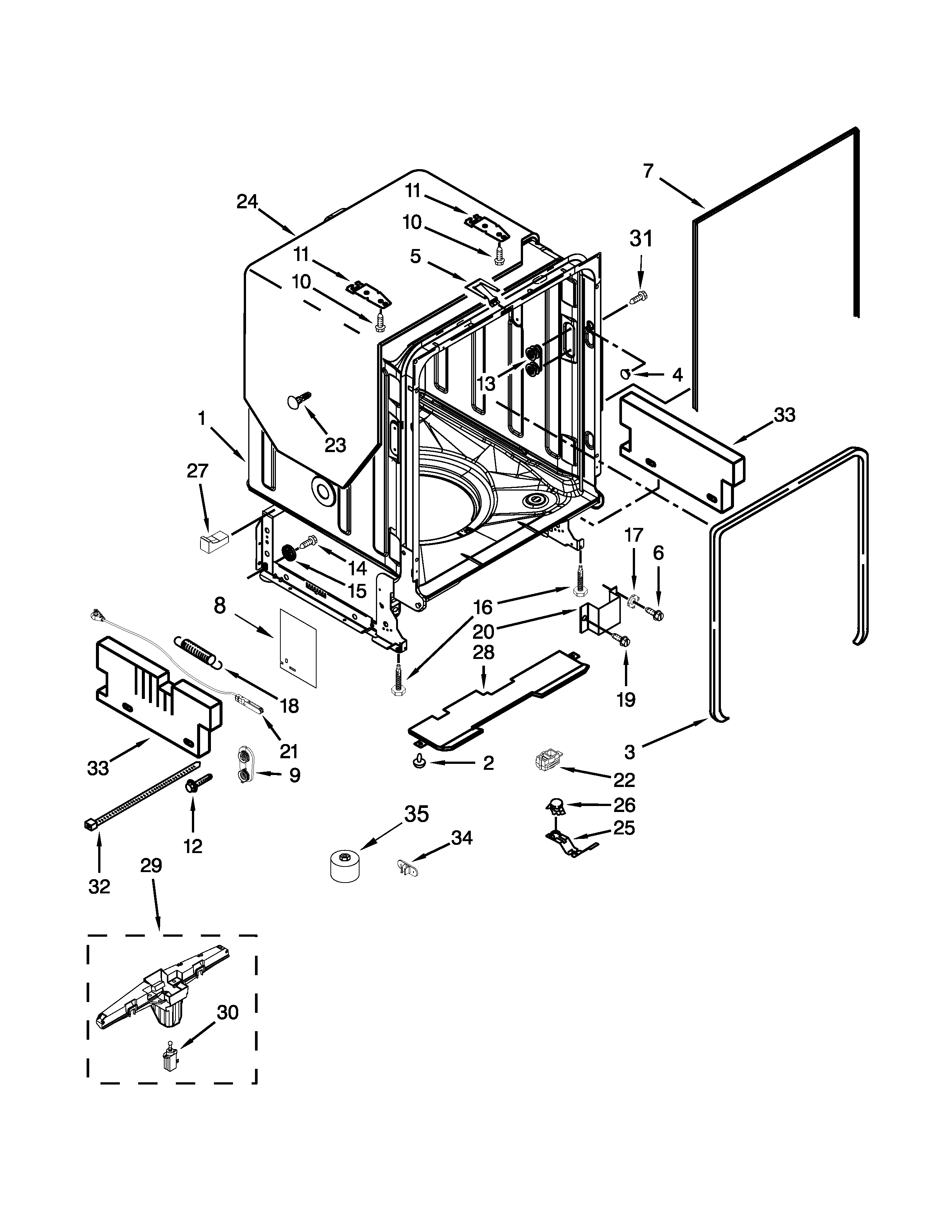 KitchenAid KUDS30SXWH3 tub and frame parts diagram