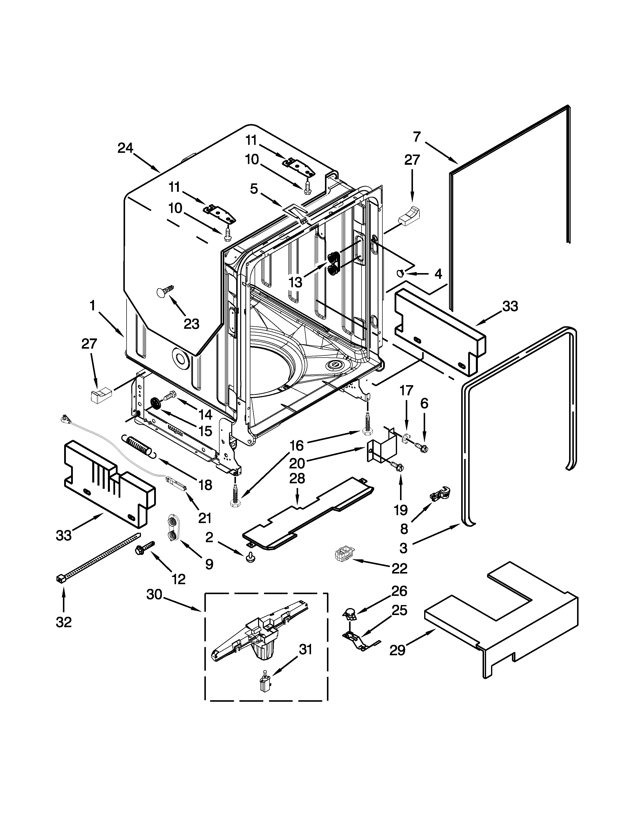 KitchenAid KUDS30IXBL1 tub and frame parts diagram