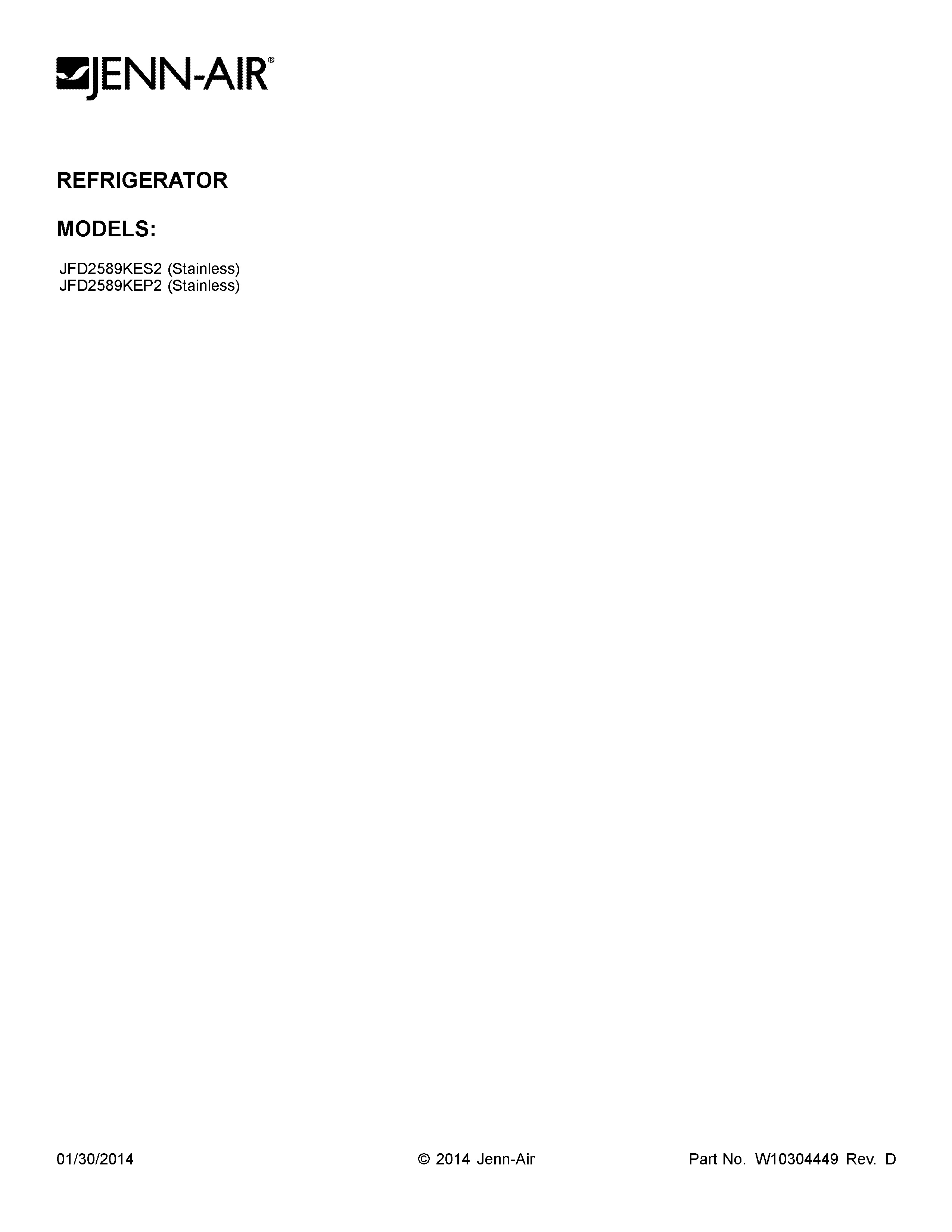 Jenn-Air JFD2589KES2 cover sheet diagram