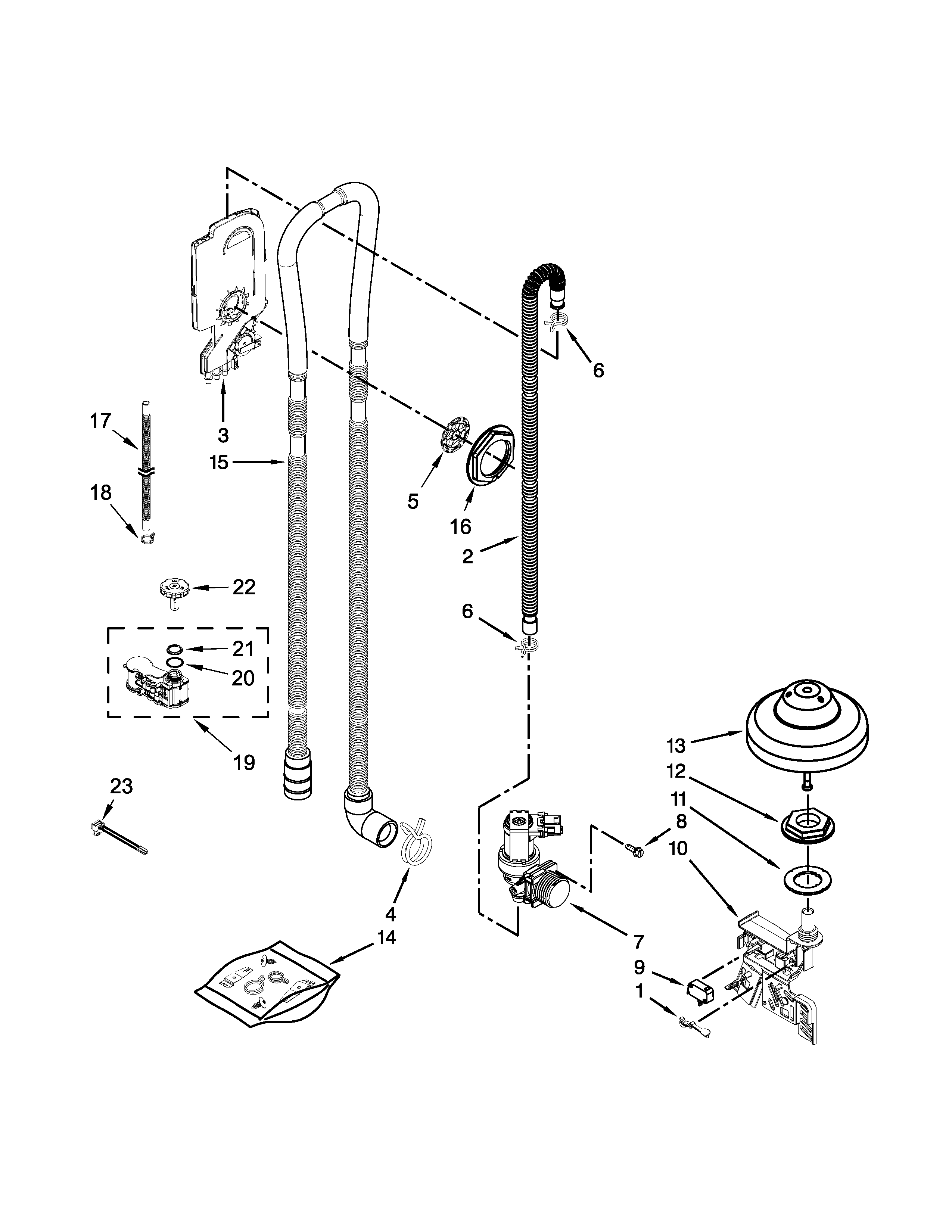 KitchenAid KUDS30SXWH4 fill, drain and overfill parts diagram