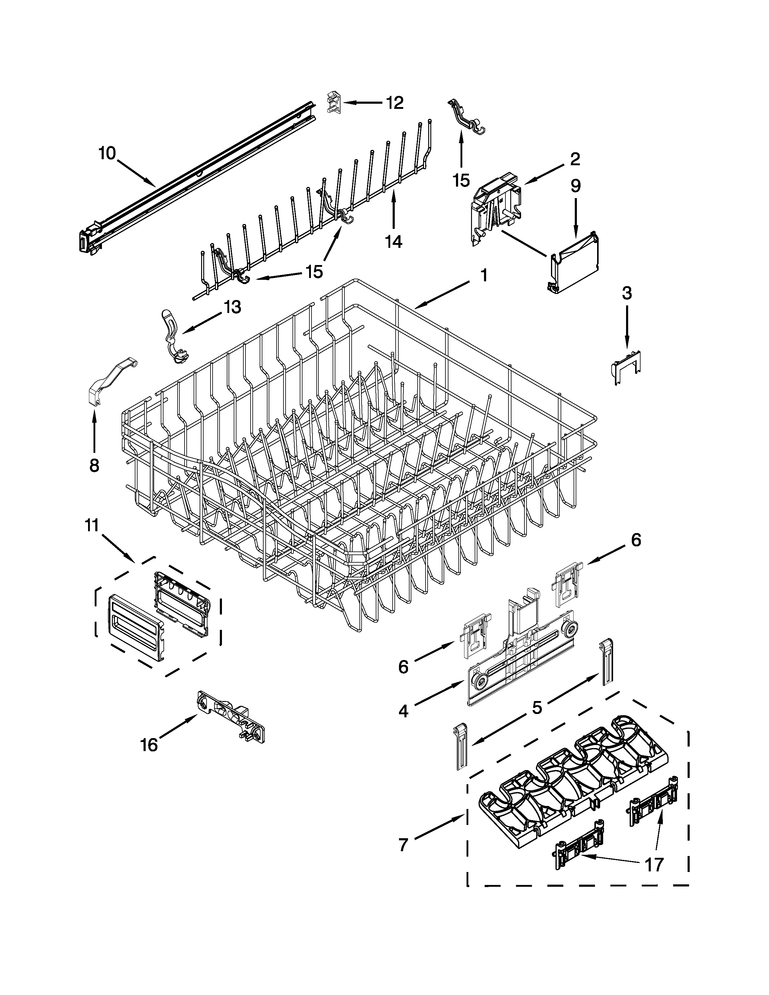 KitchenAid KUDS30SXWH4 upper rack and track parts diagram