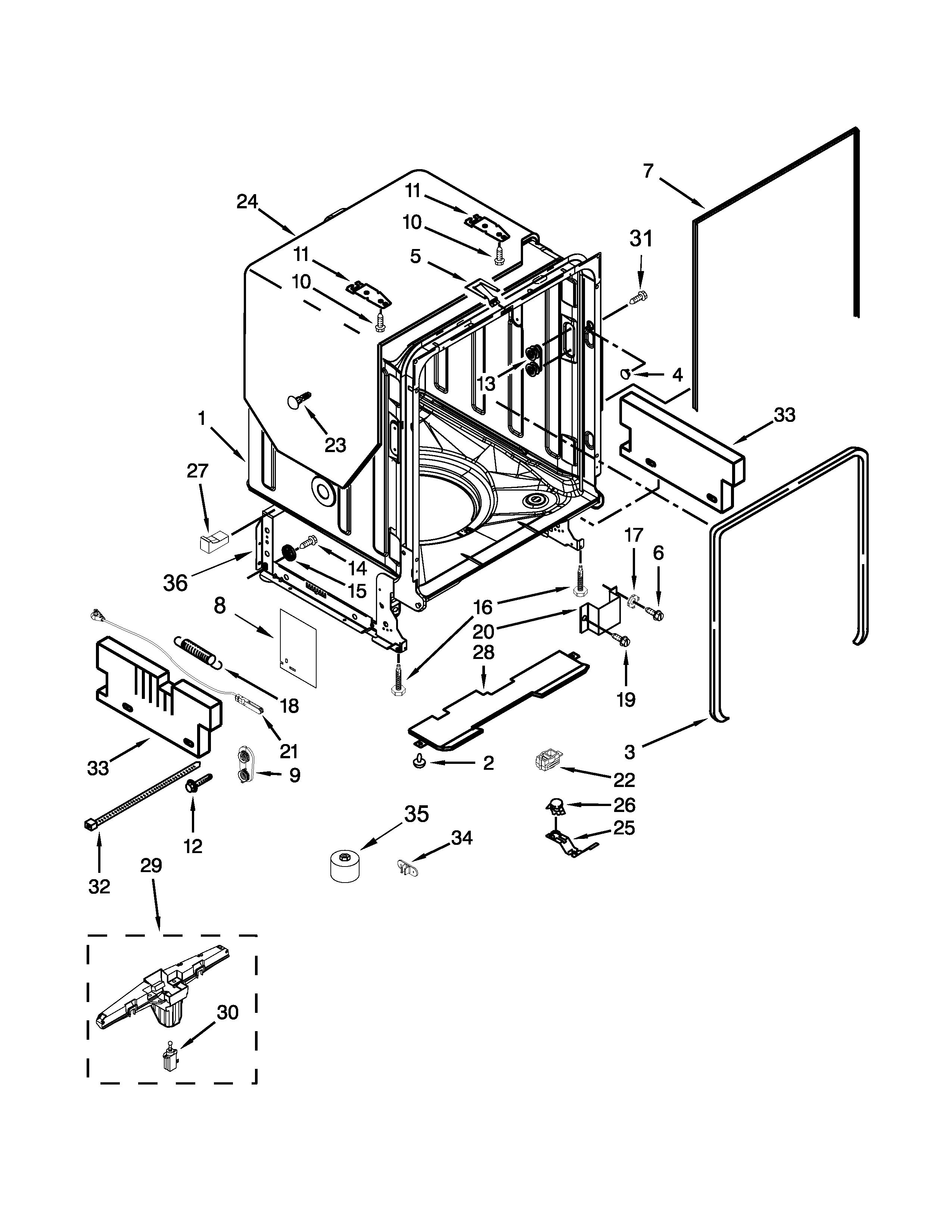 KitchenAid KUDS30SXWH8 tub and frame parts diagram