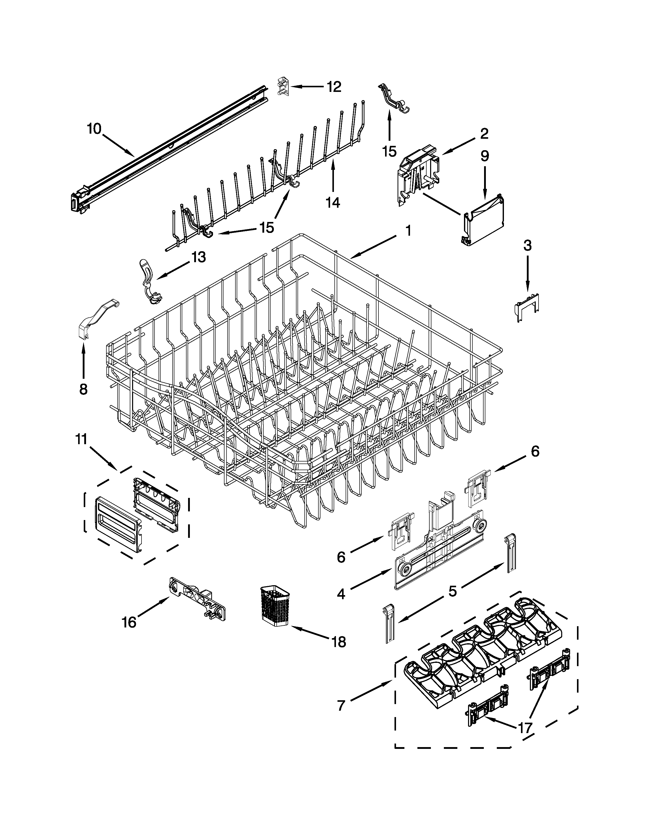 KitchenAid KUDS30SXWH8 upper rack and track parts diagram