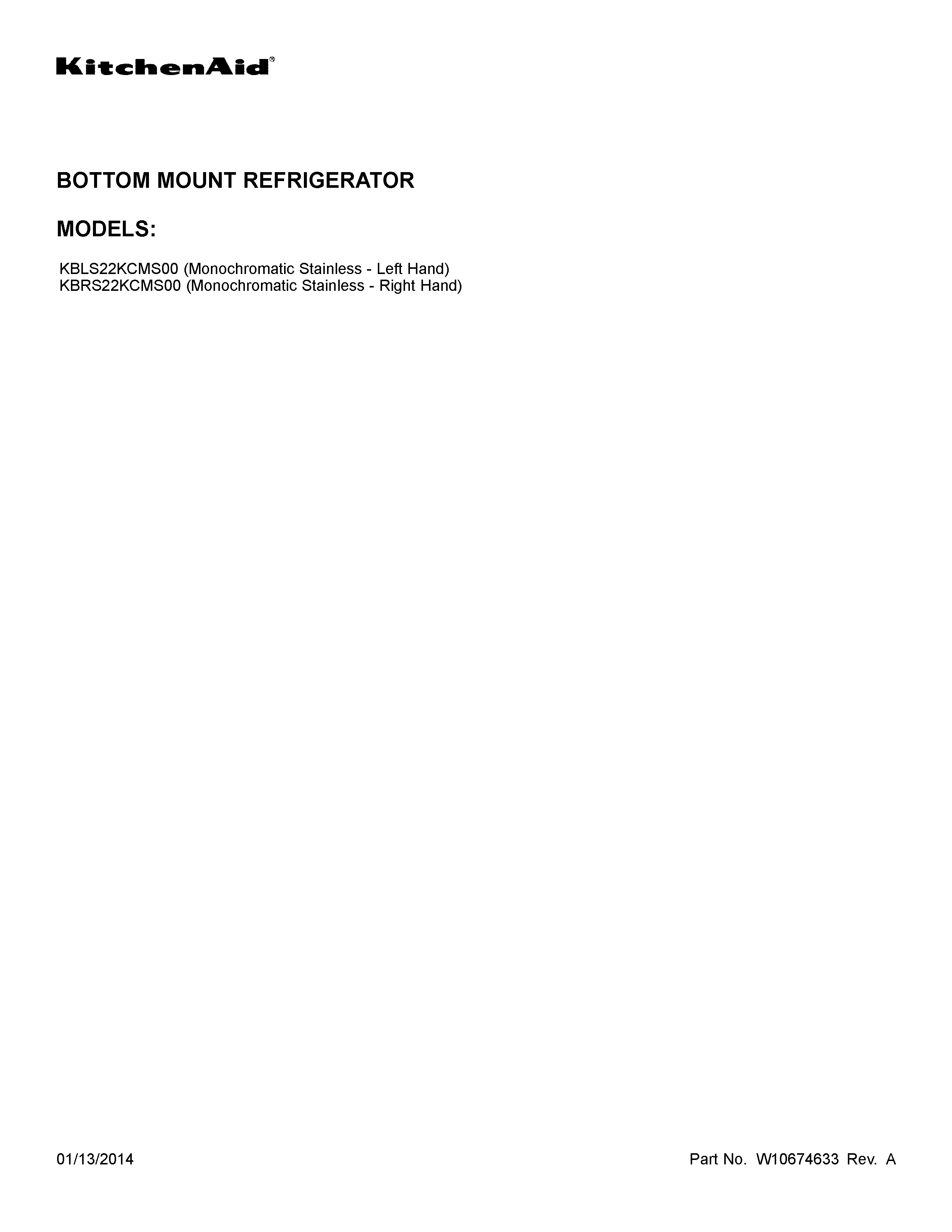 KitchenAid KBRS22KCMS00 cover sheet diagram
