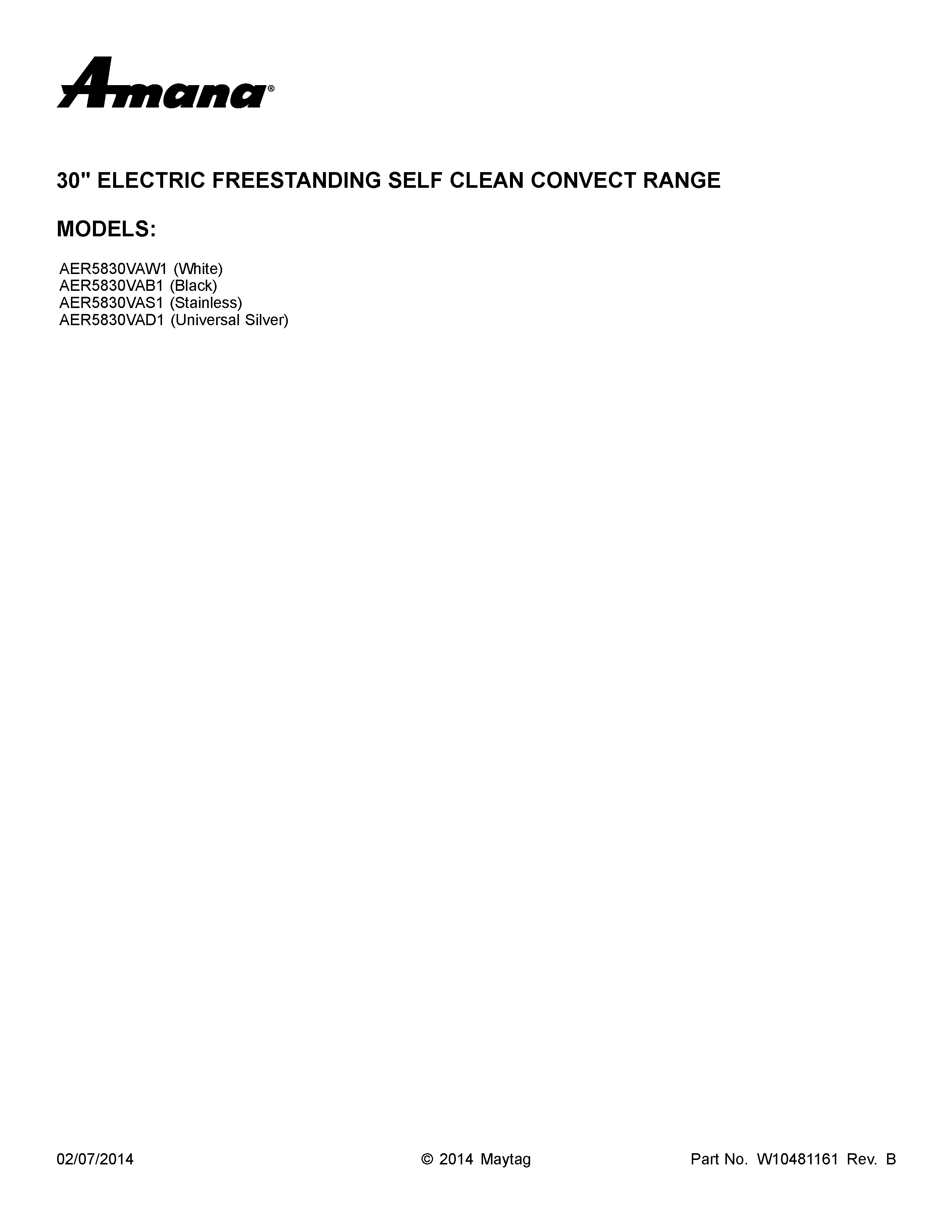 Amana AER5830VAD1 cover sheet diagram