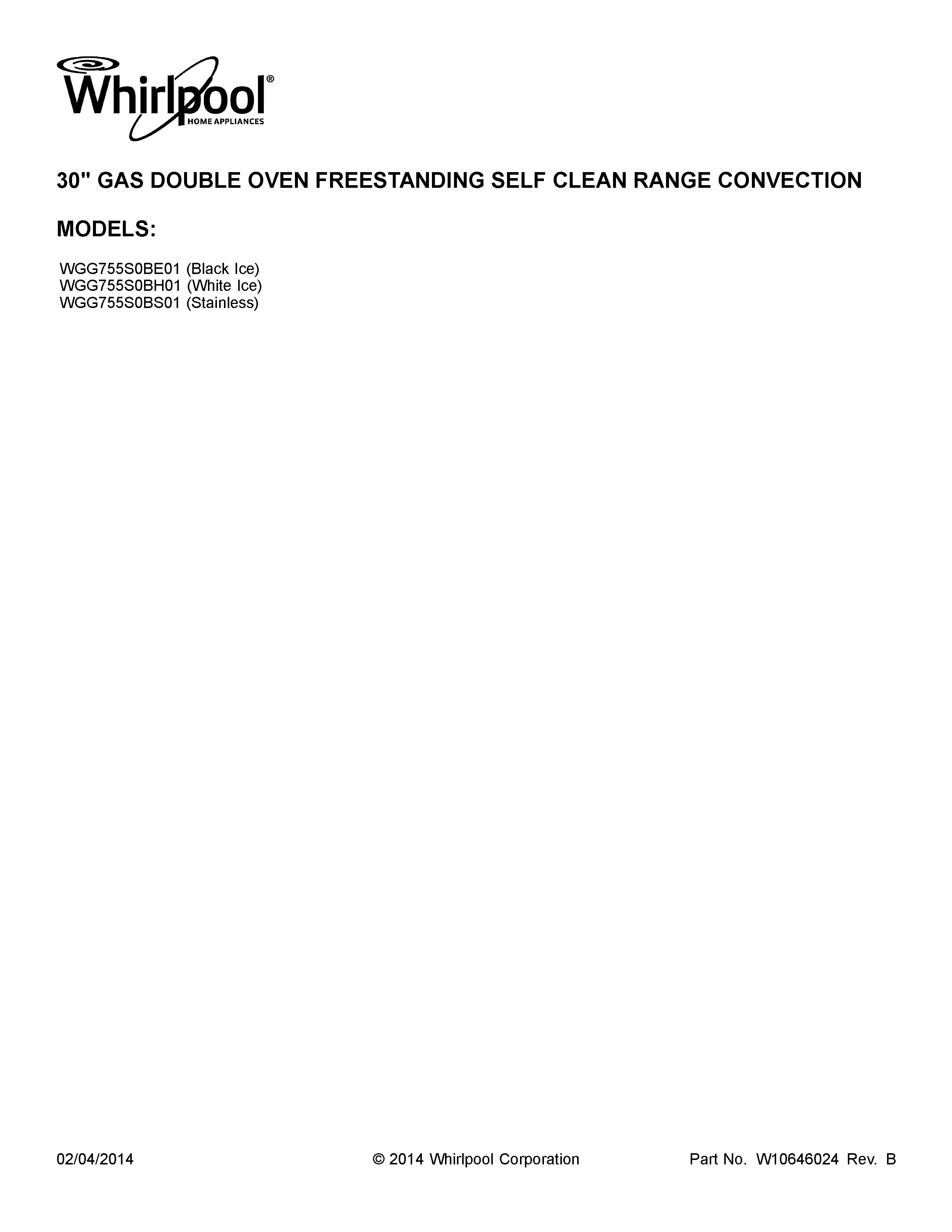 Whirlpool WGG755S0BE01 cover sheet diagram