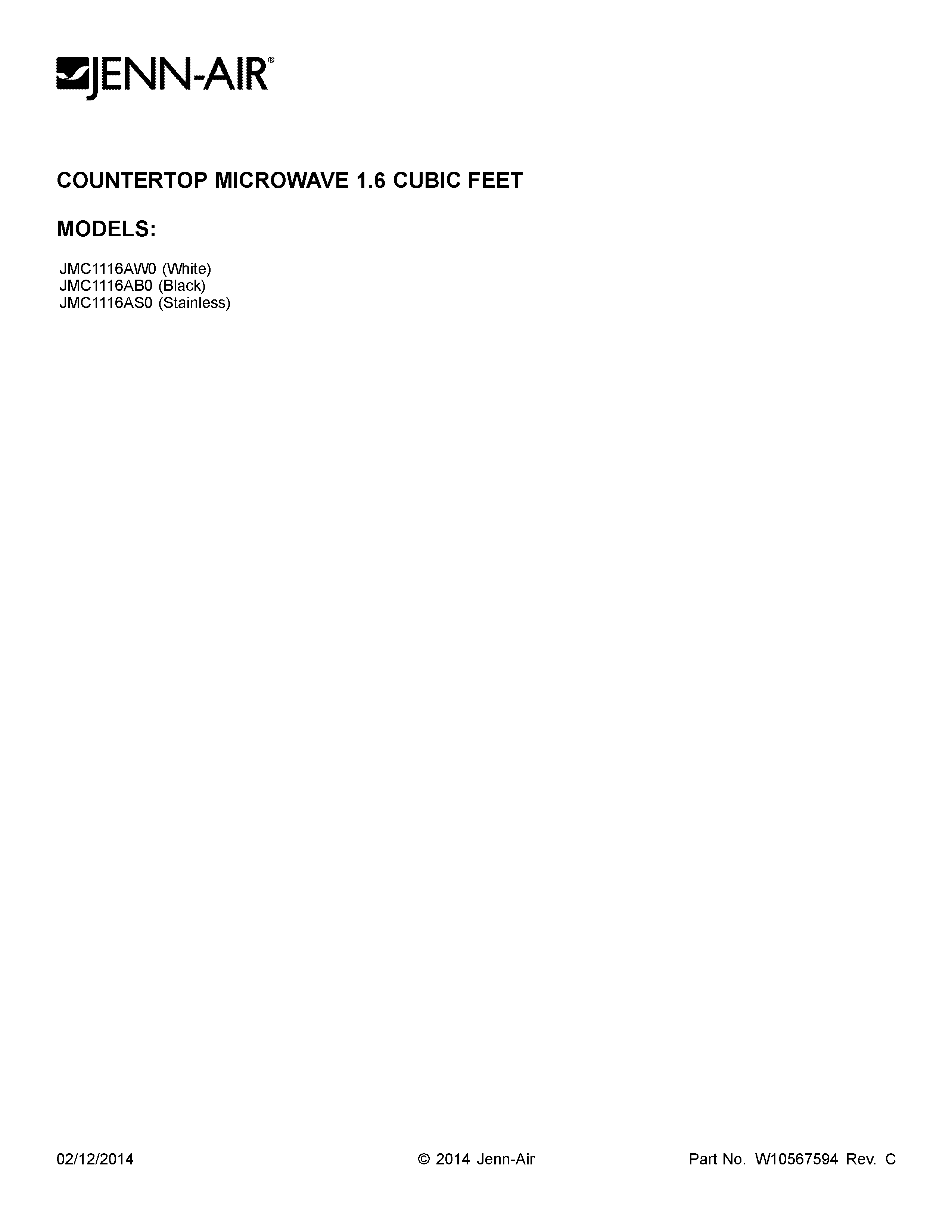 Jenn-Air JMC1116AS0 cover sheet diagram