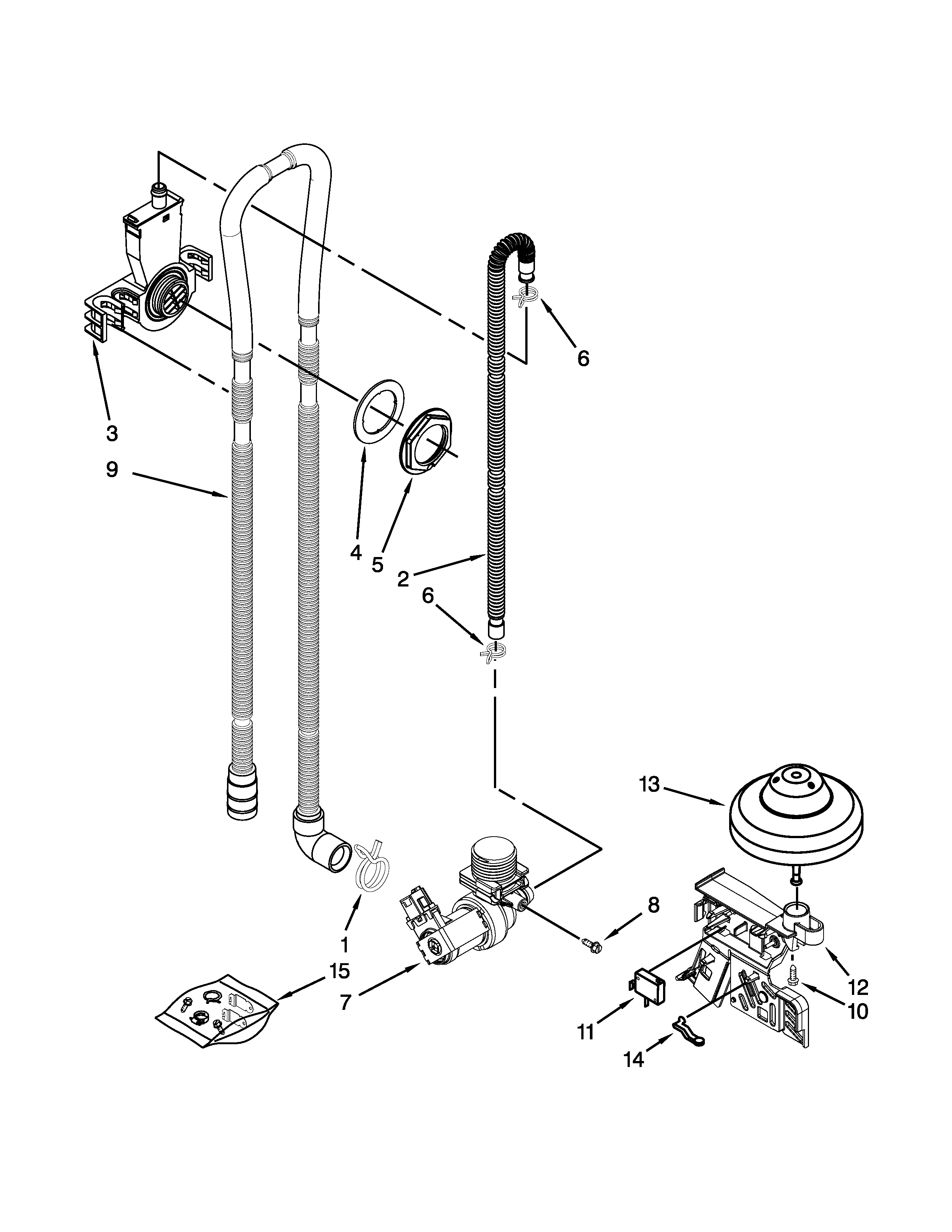 Whirlpool WDF730PAYM6 fill, drain and overfill parts diagram