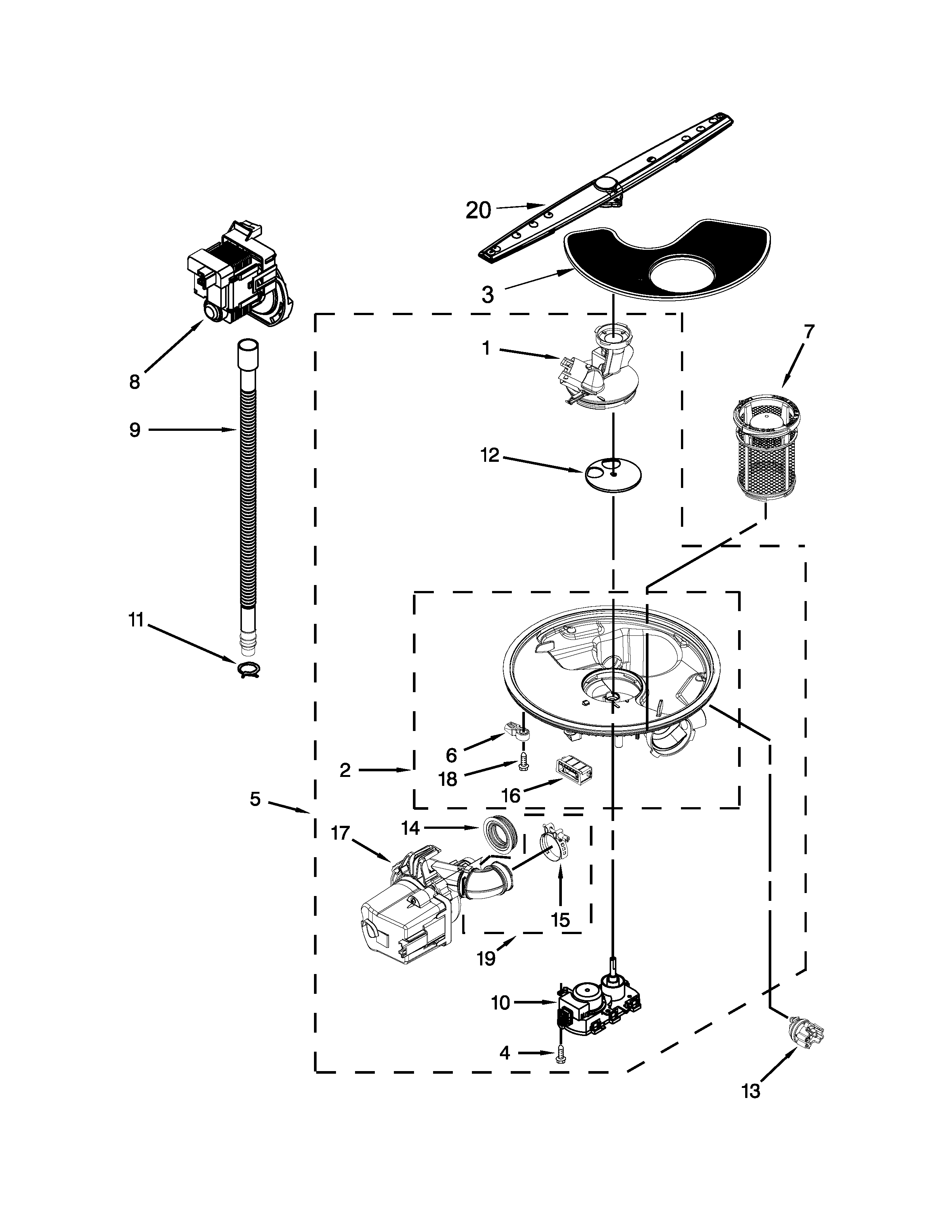 Whirlpool WDF730PAYM6 pump, washarm and motor parts diagram