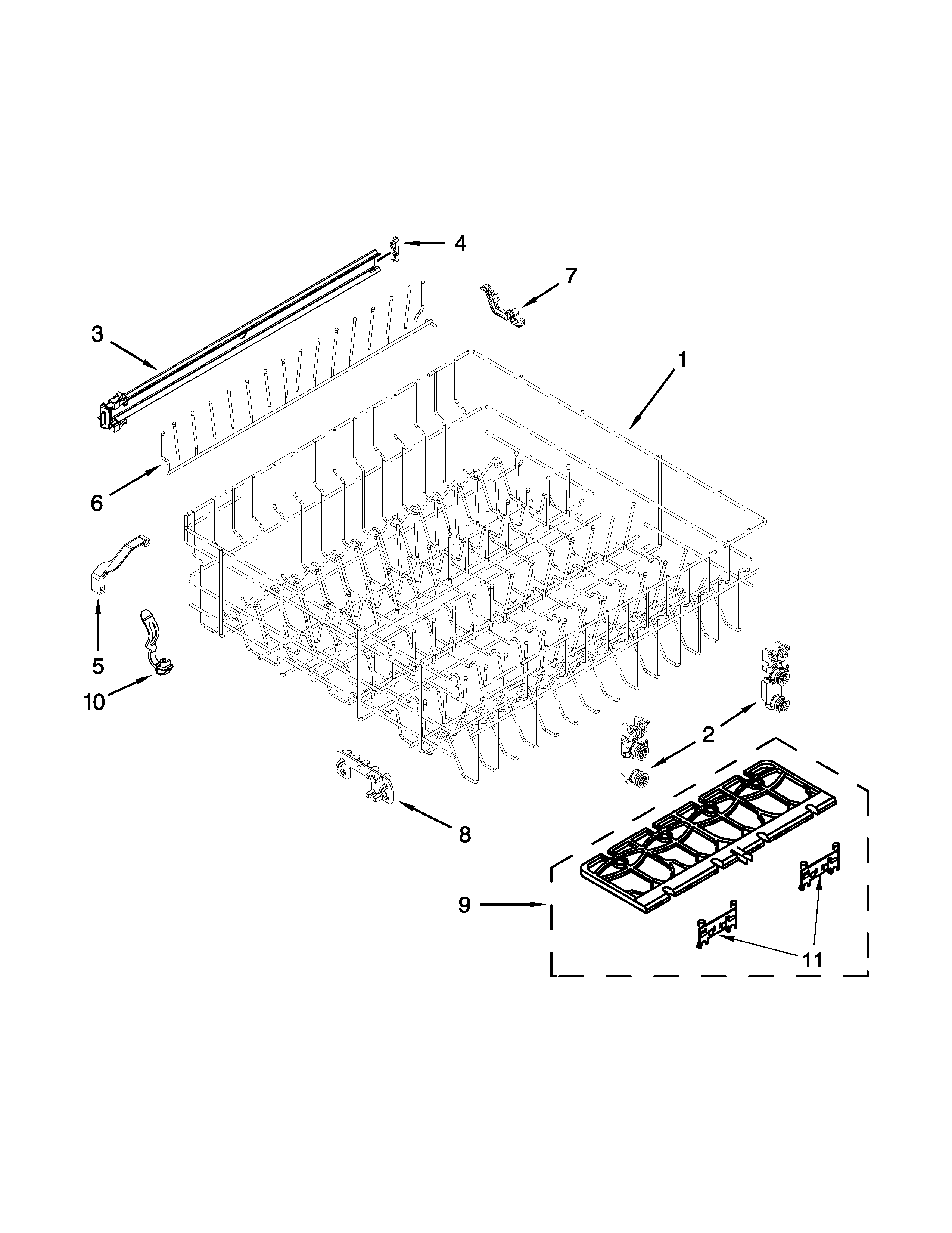 Whirlpool WDF730PAYM6 upper rack and track parts diagram