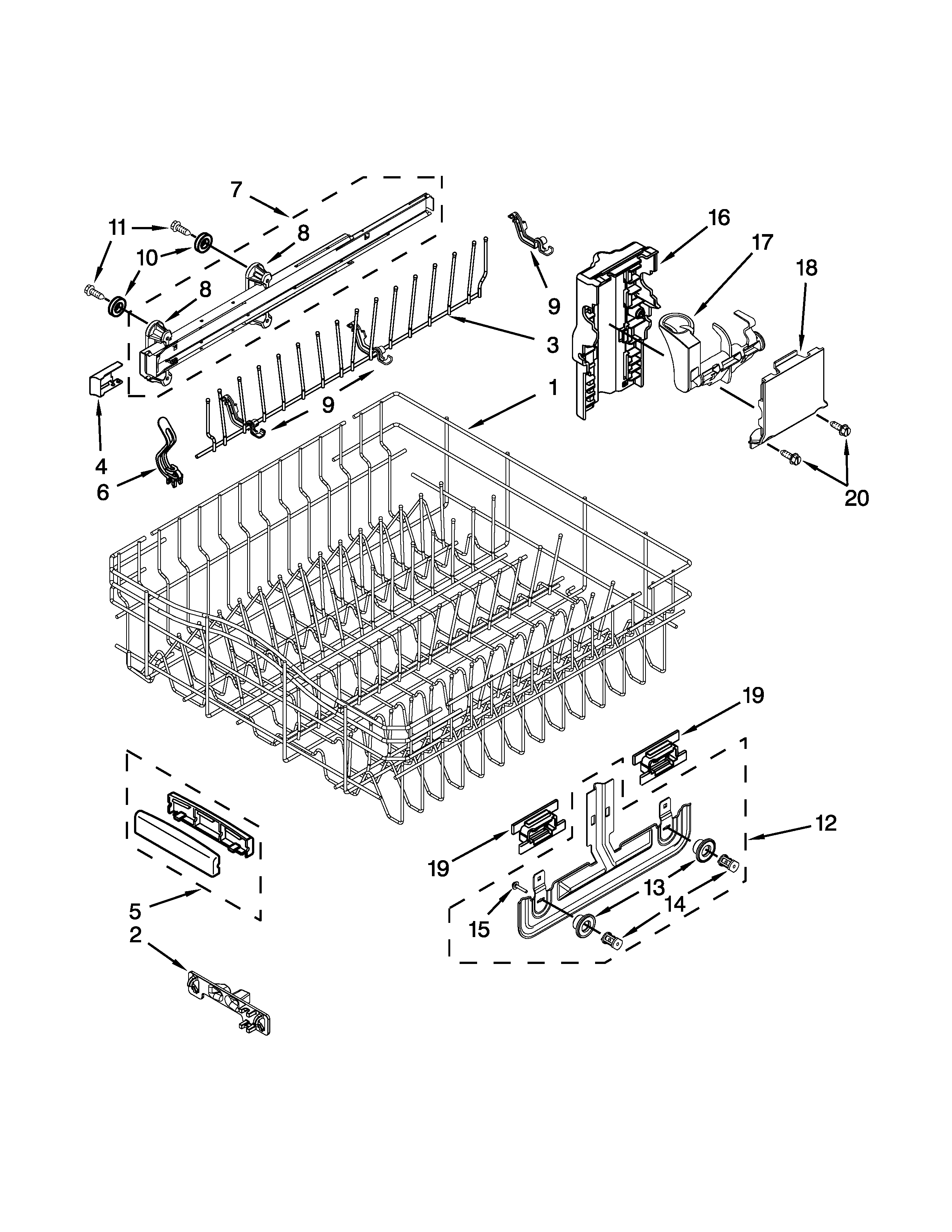 KitchenAid KUDW03CTSS0 upper rack and track parts diagram