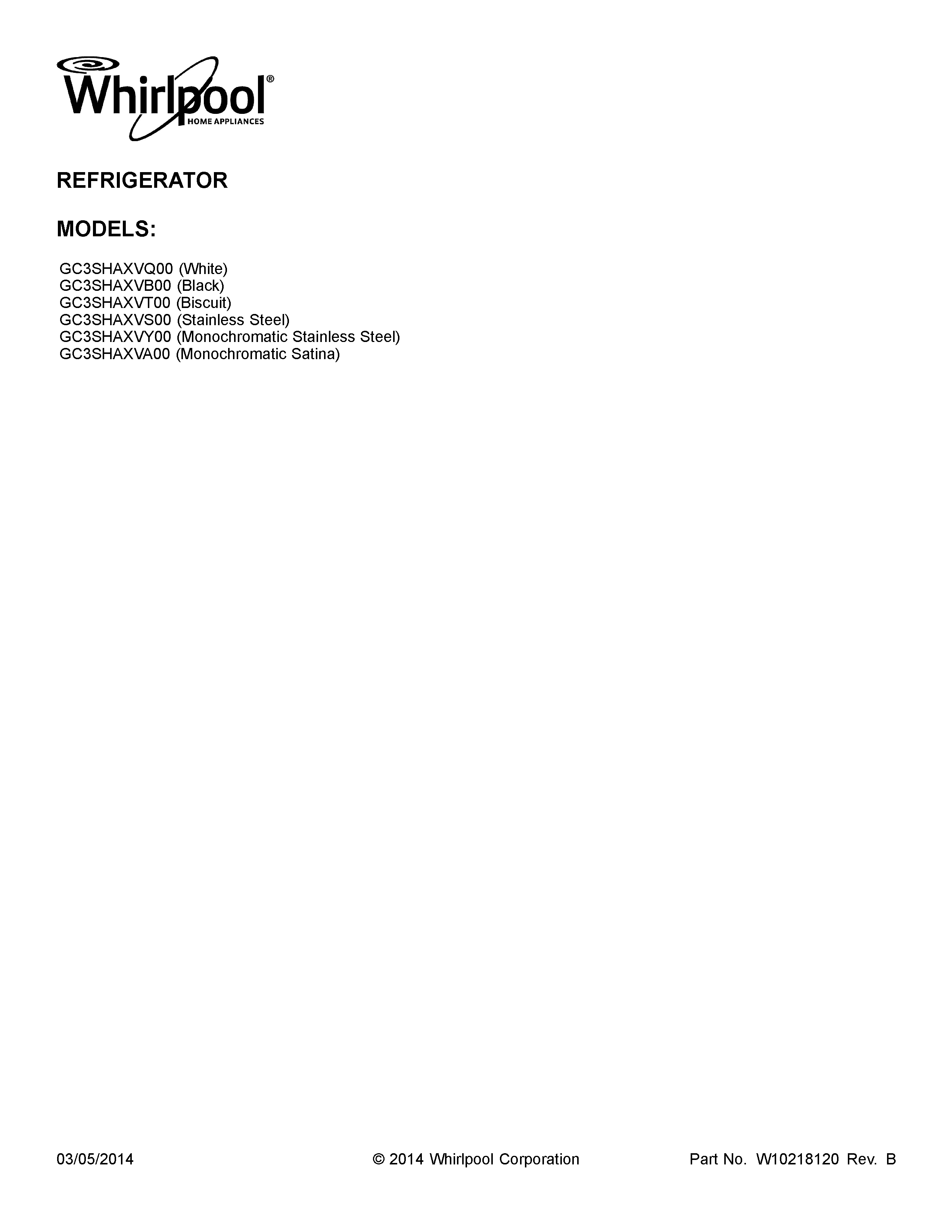 Whirlpool GC3SHAXVS00 cover sheet diagram