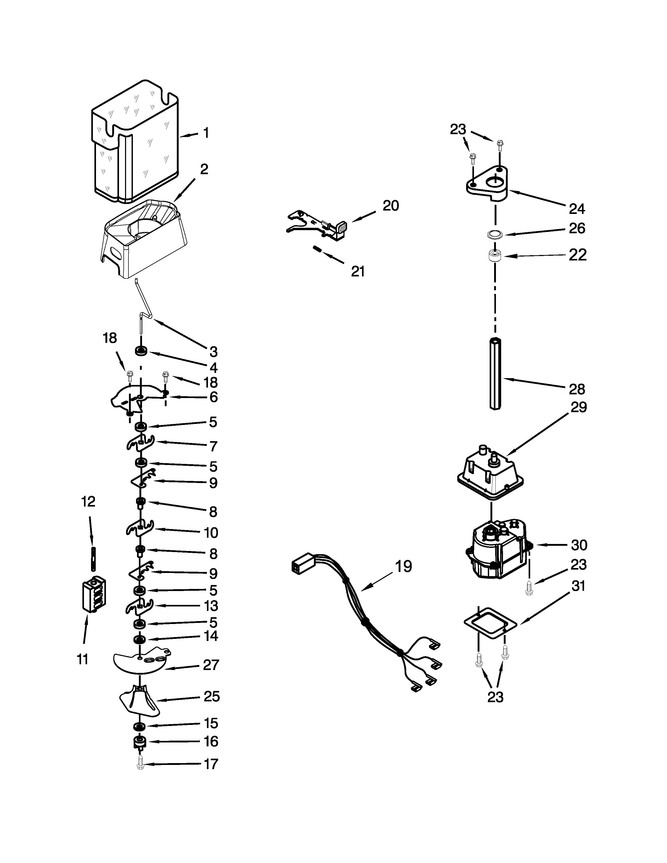 Whirlpool GC3SHAXVS00 motor and ice container parts diagram