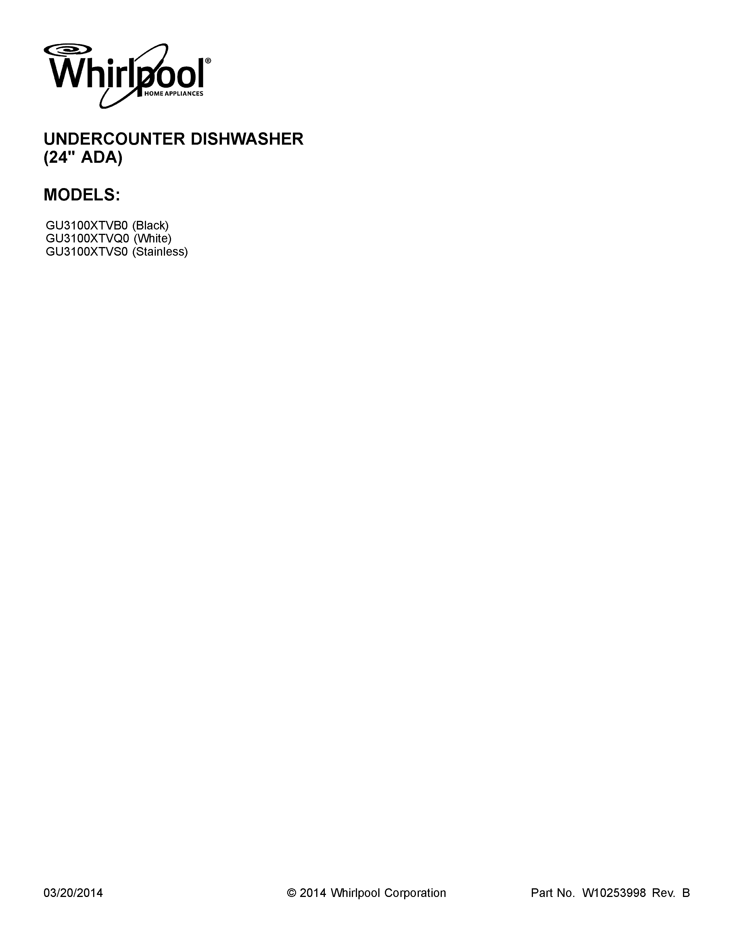 Whirlpool GU3100XTVB0 cover sheet diagram