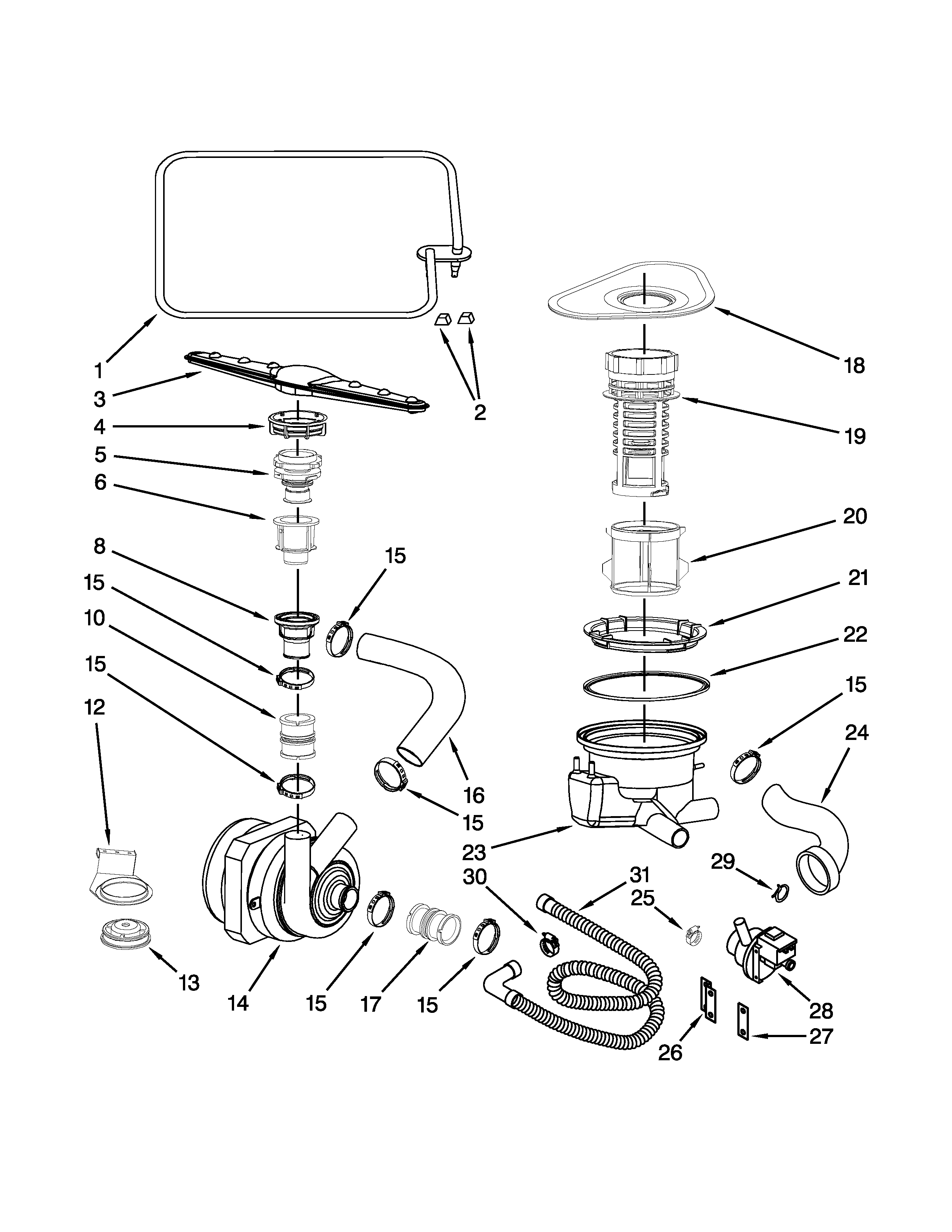 Whirlpool GU3100XTVB0 pump and sprayarm parts diagram
